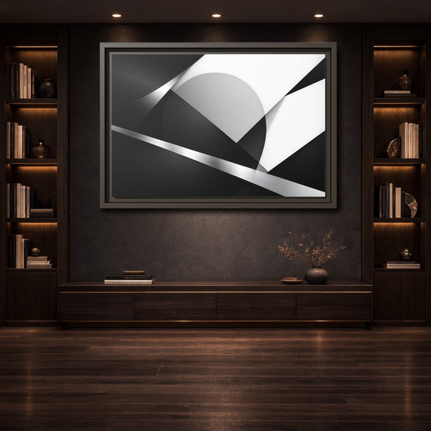 Mockup 3. Abstract Geometric Shapes Black And White Geometric shown as stretched canvas wall art