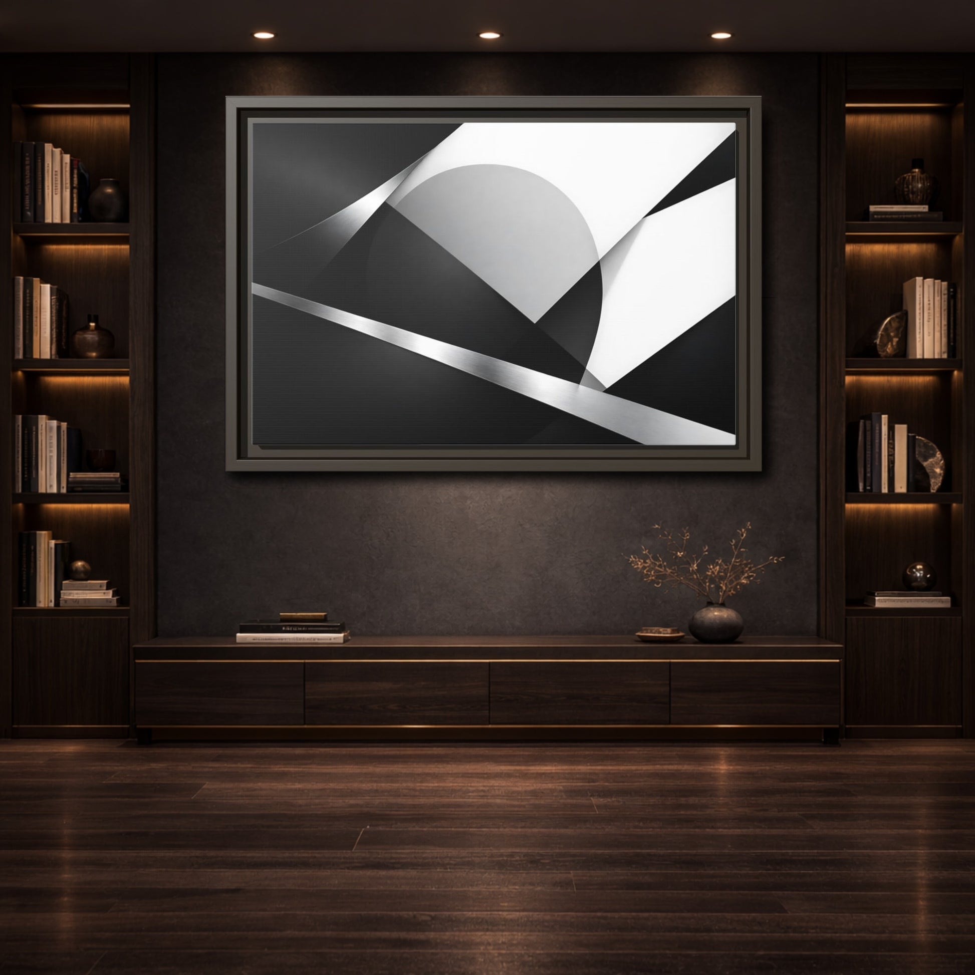 Mockup 3. Abstract Geometric Shapes Black And White Geometric shown as stretched canvas wall art