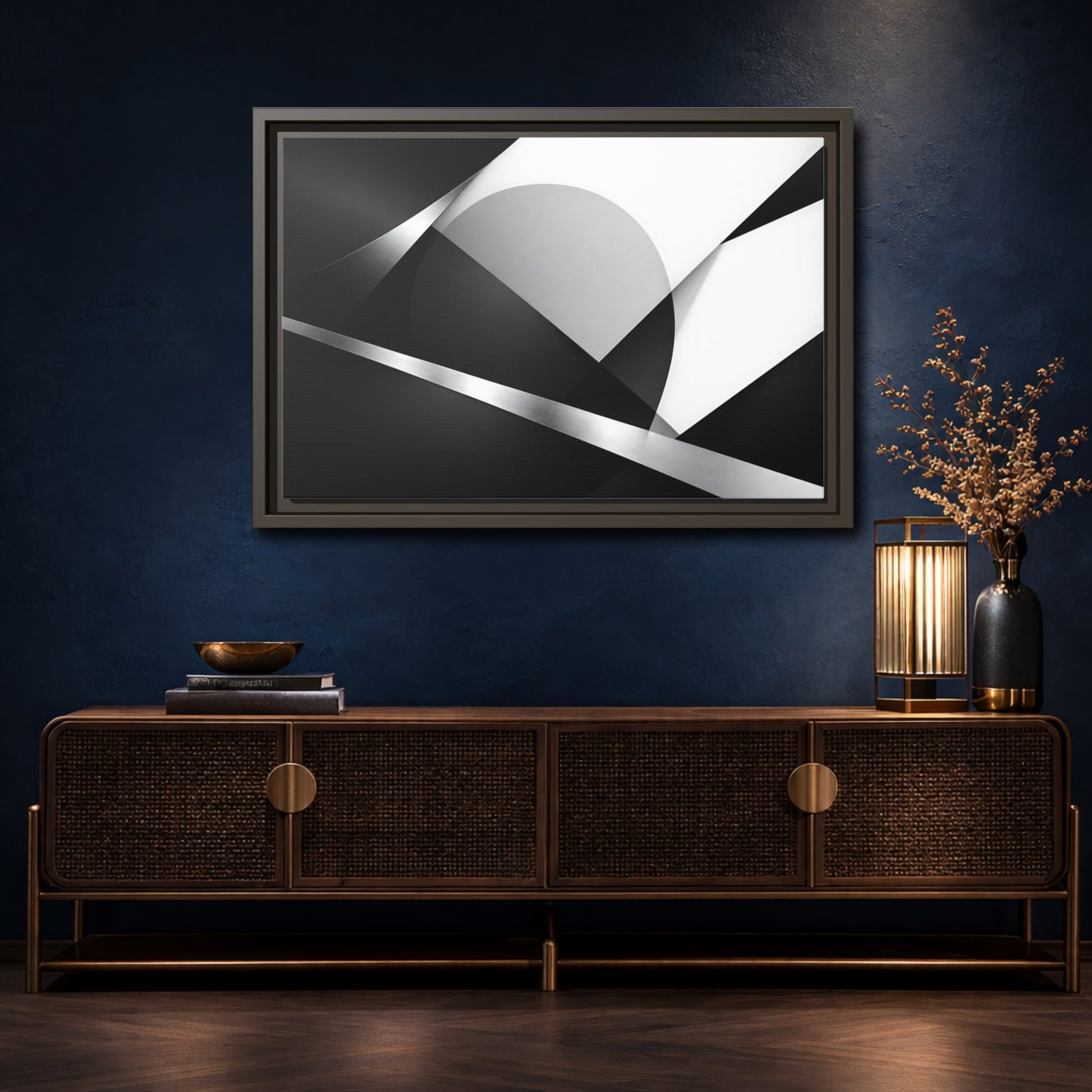 Mockup 4. Abstract Geometric Shapes Black And White Geometric shown as stretched canvas wall art