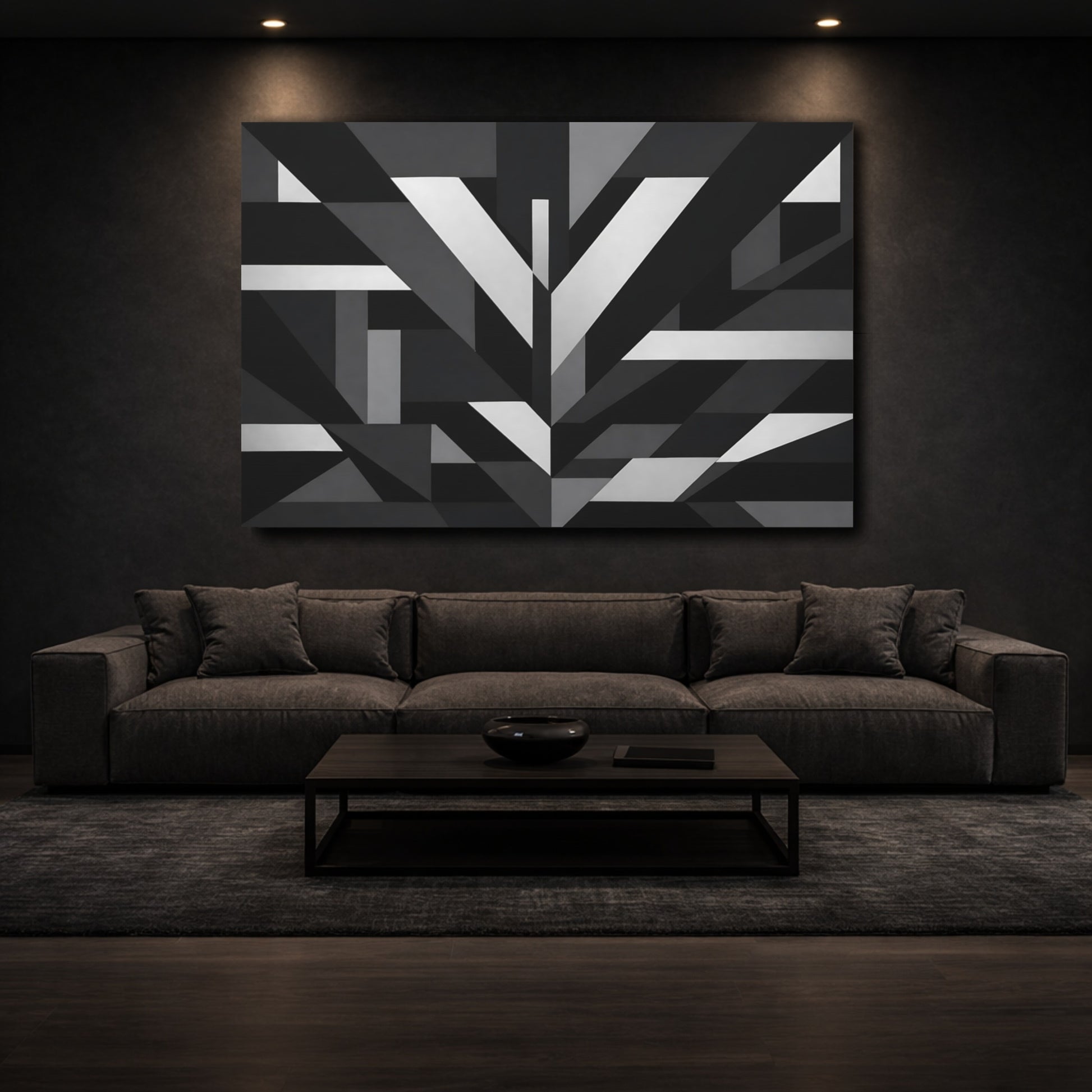 Mockup 2. Abstract Geometric Shapes Black And White shown as stretched canvas wall art