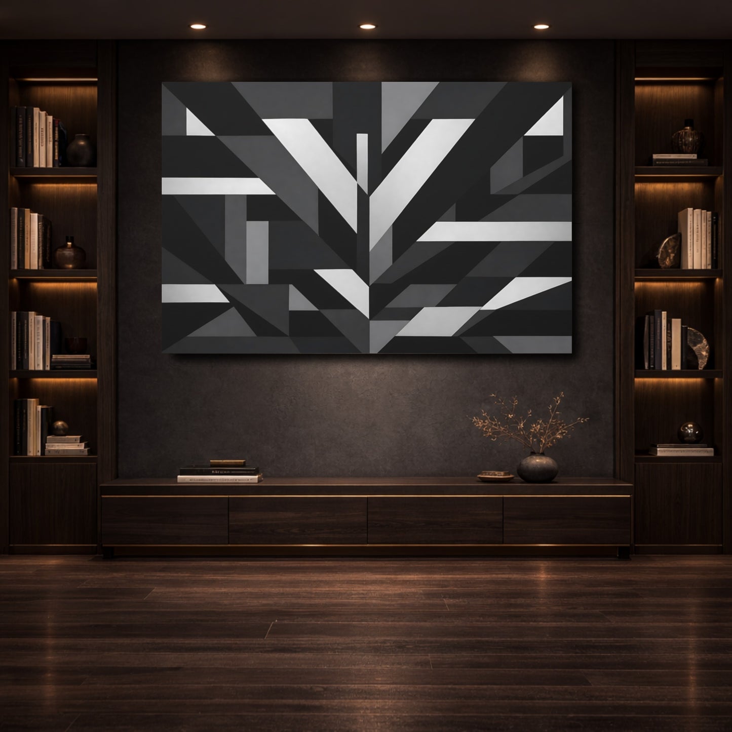 Mockup 3. Abstract Geometric Shapes Black And White shown as stretched canvas wall art