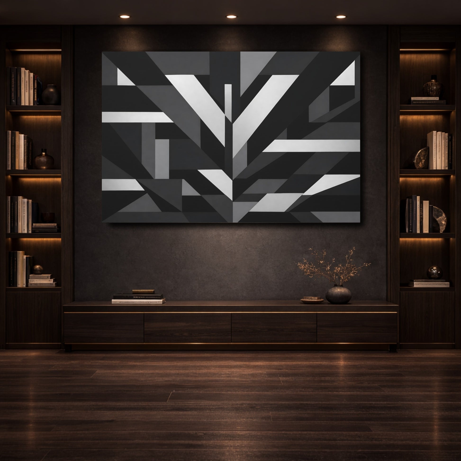 Mockup 3. Abstract Geometric Shapes Black And White shown as stretched canvas wall art