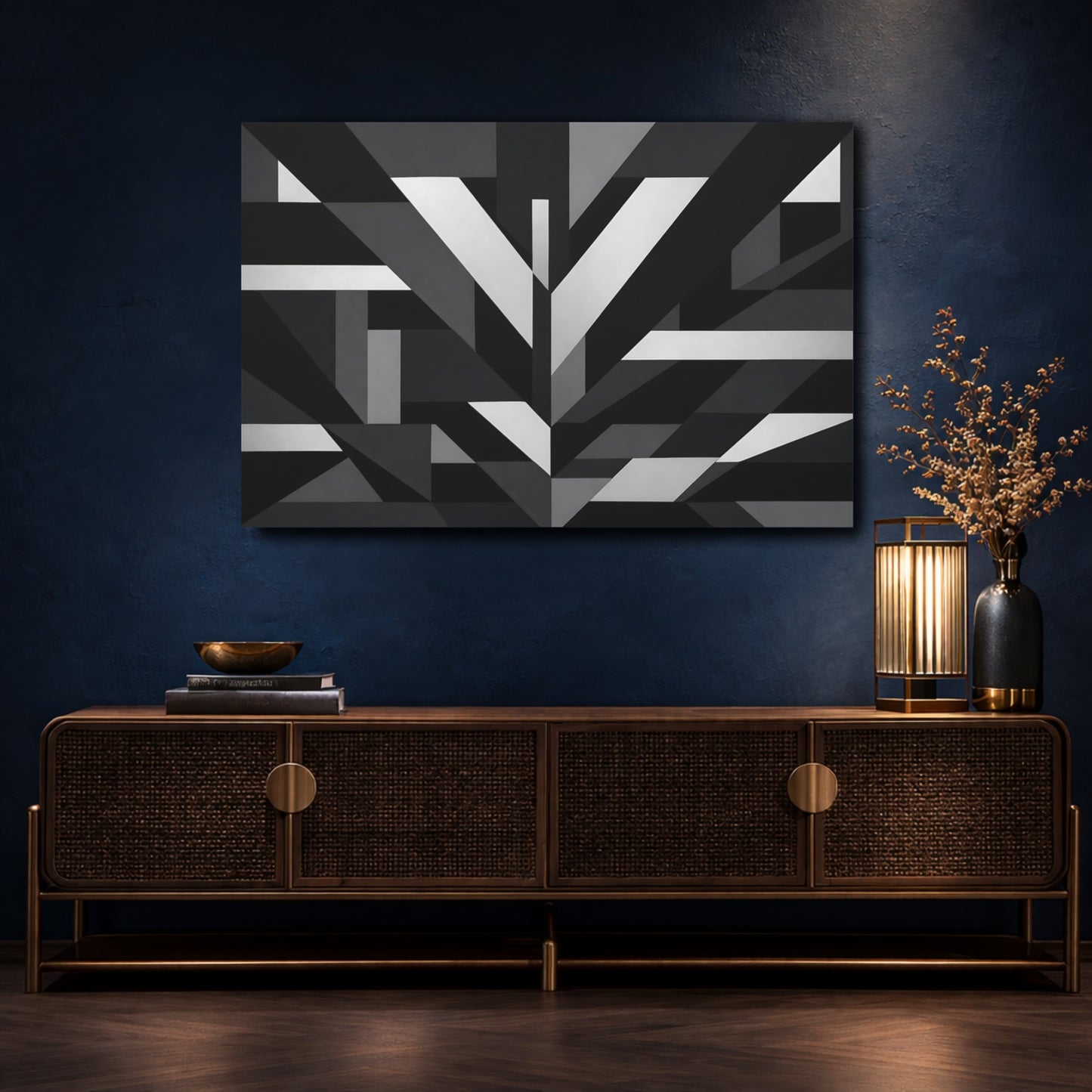 Mockup 4. Abstract Geometric Shapes Black And White shown as stretched canvas wall art