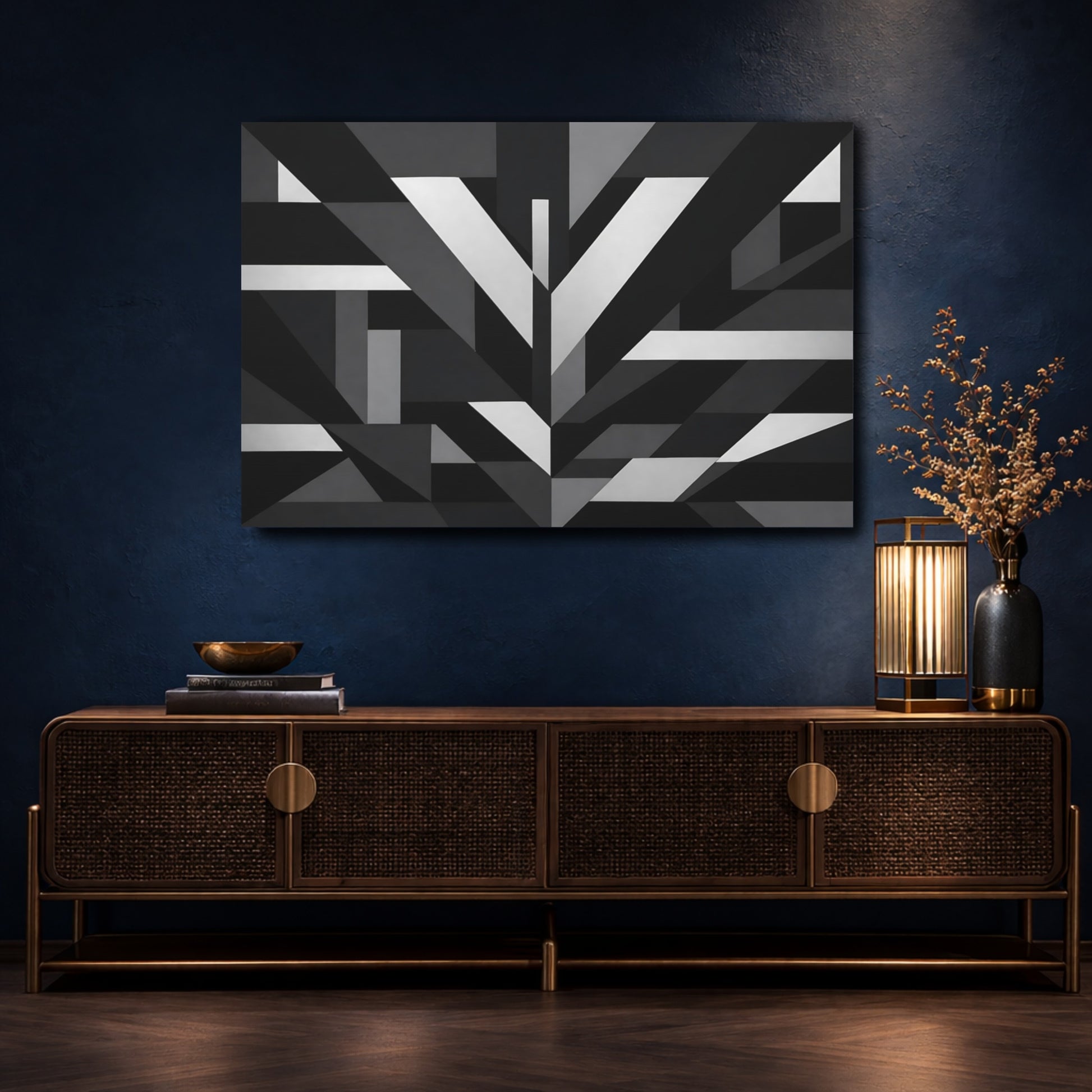 Mockup 4. Abstract Geometric Shapes Black And White shown as stretched canvas wall art