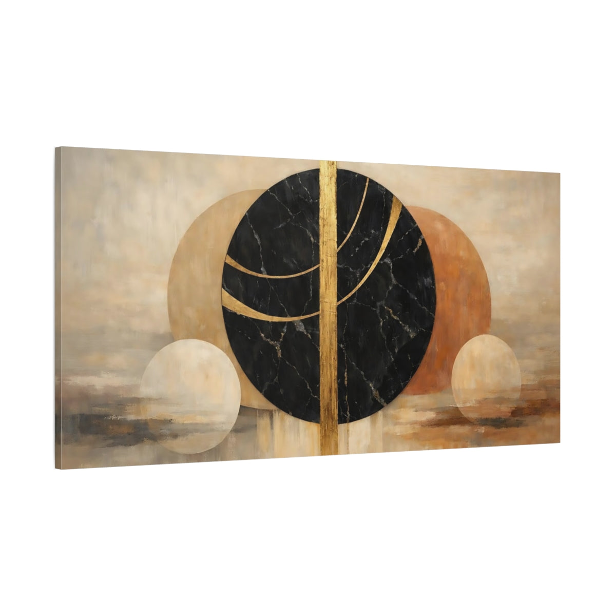 Main Mockup. Abstract Geometric Shapes Black Gold Abstract shown as stretched canvas wall art