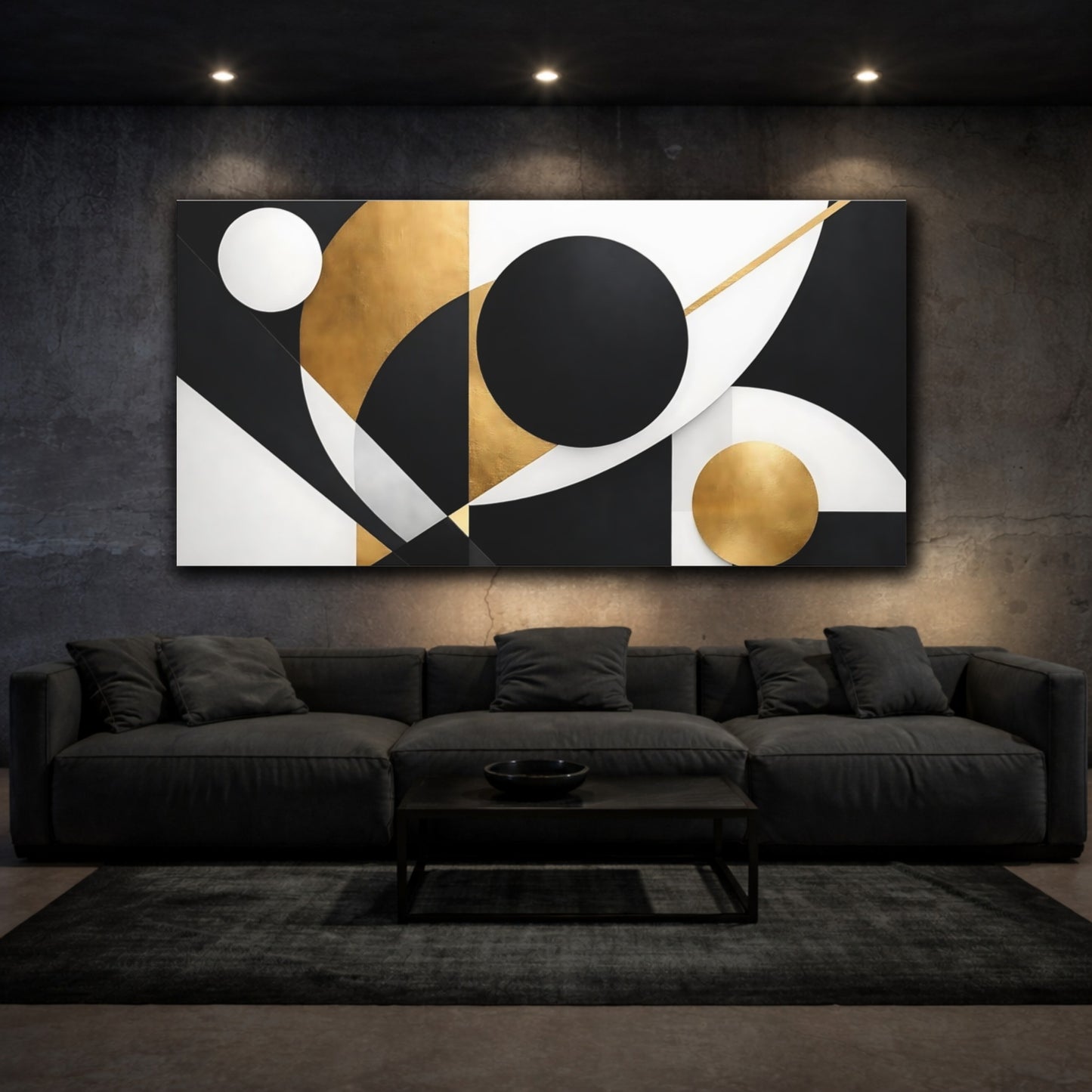 Mockup 2. Abstract Geometric Shapes Black Gold Abstract shown as stretched canvas wall art