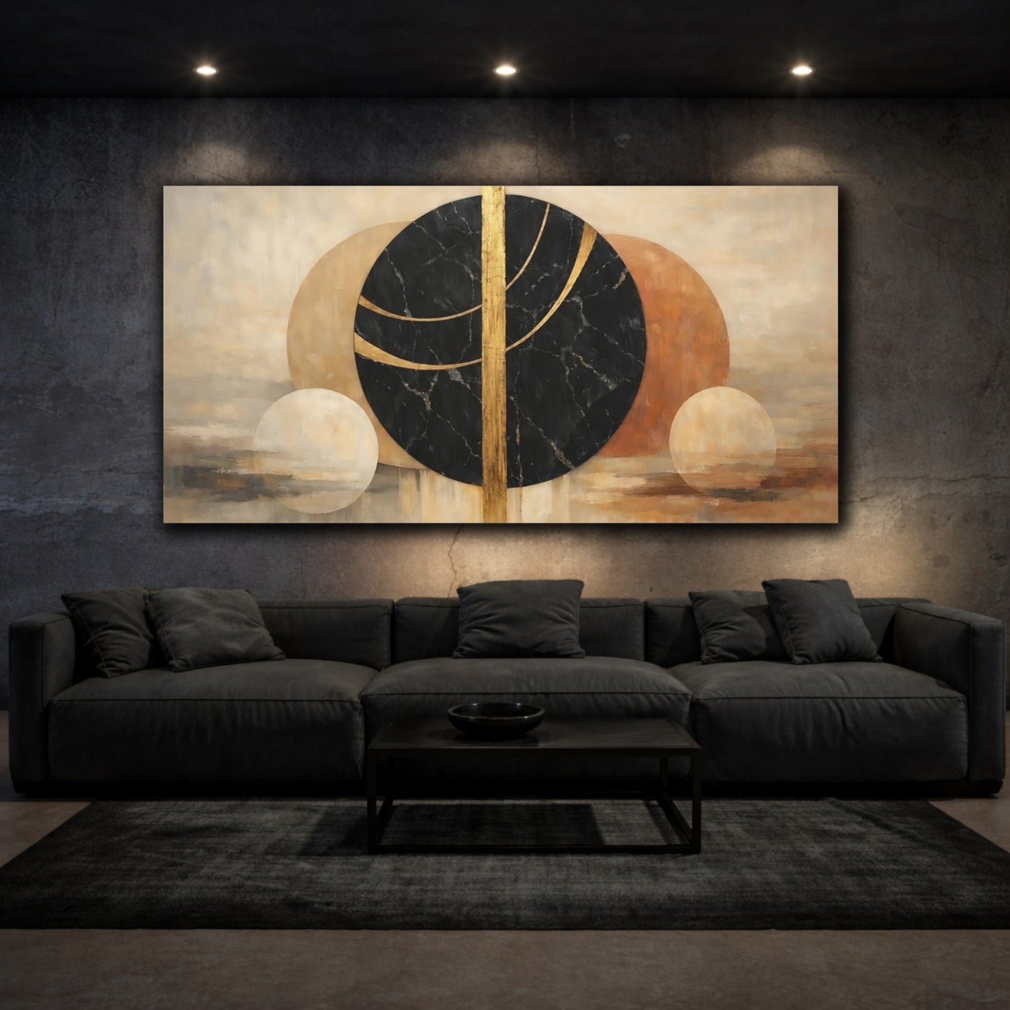 Mockup 2. Abstract Geometric Shapes Black Gold Abstract shown as stretched canvas wall art
