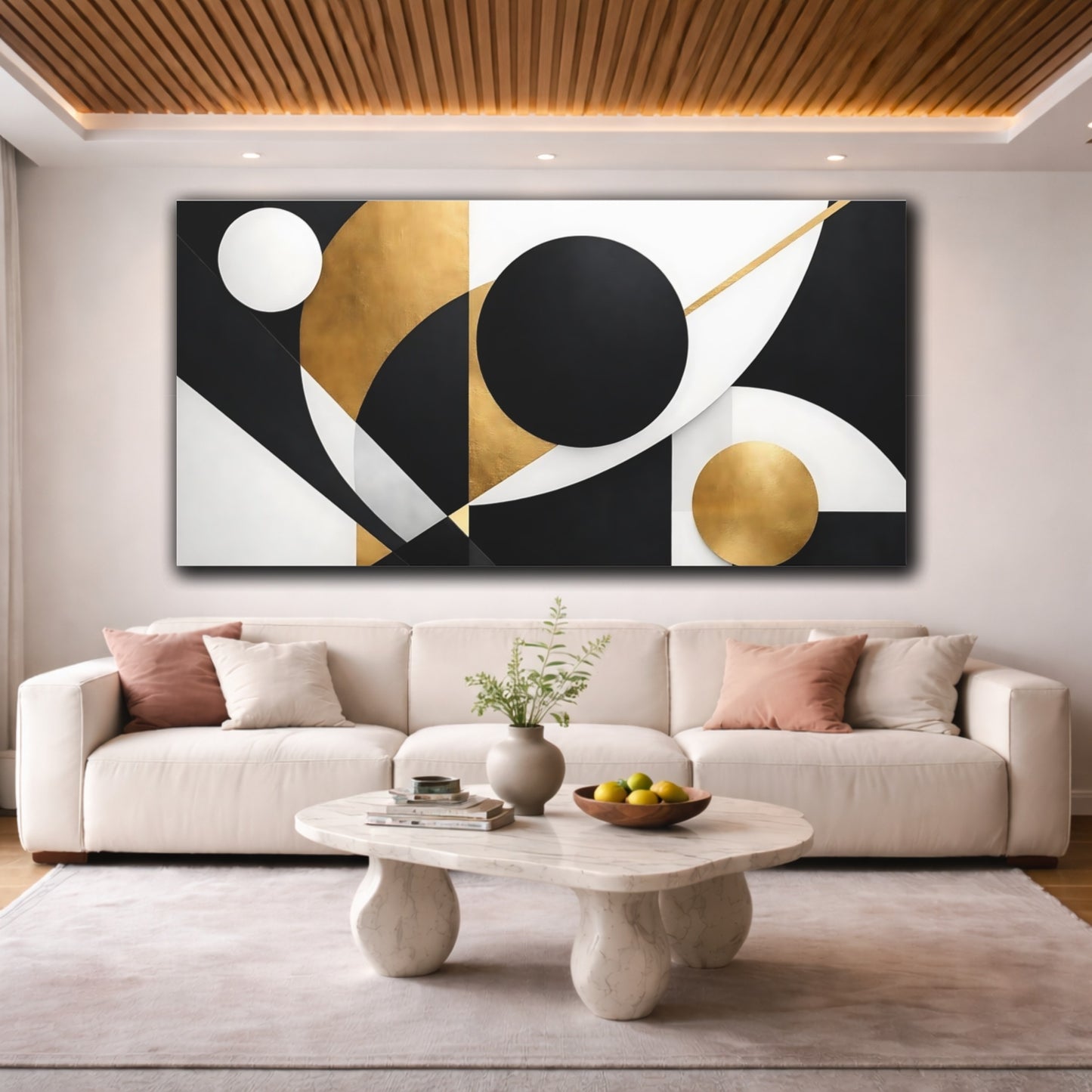 Mockup 3. Abstract Geometric Shapes Black Gold Abstract shown as stretched canvas wall art