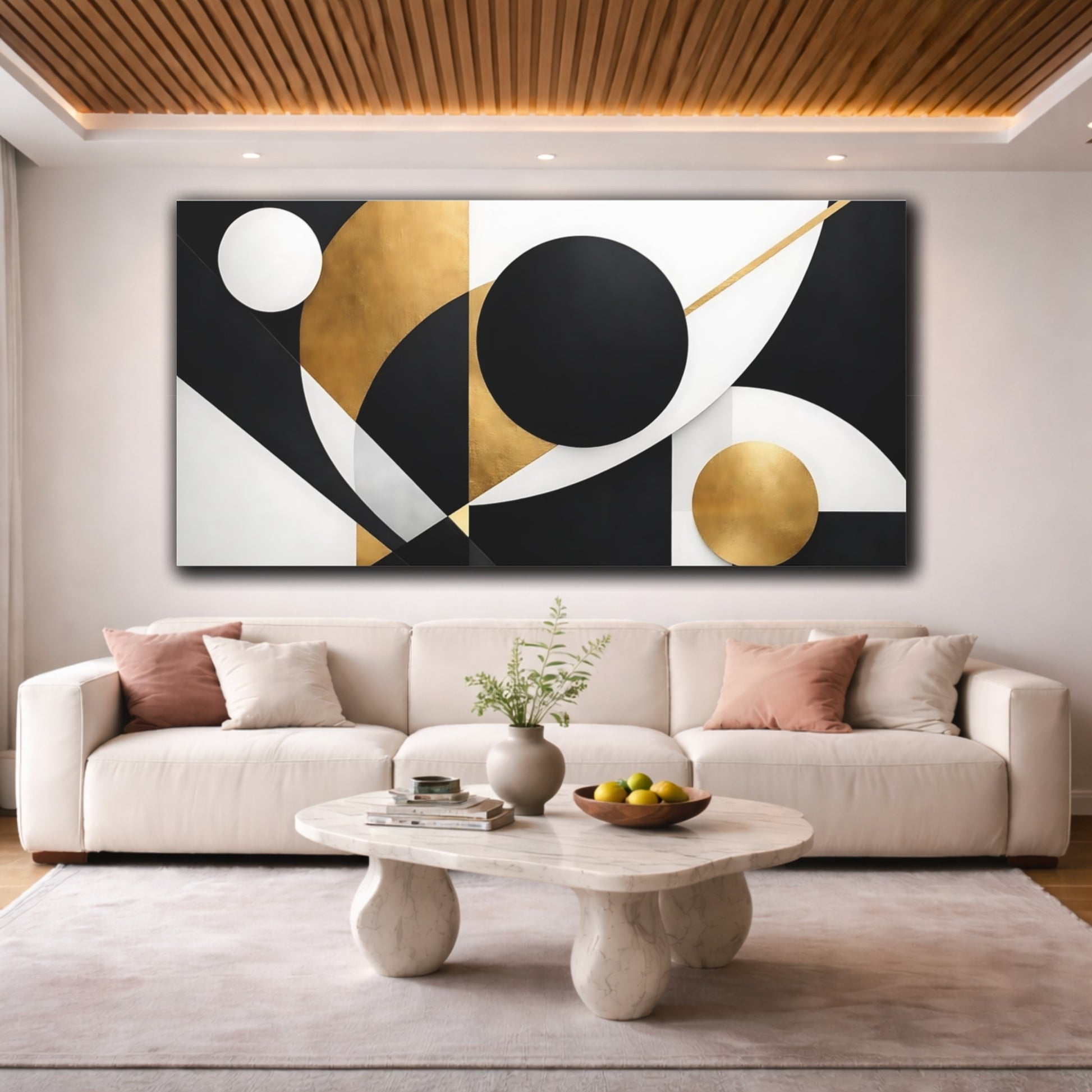 Mockup 3. Abstract Geometric Shapes Black Gold Abstract shown as stretched canvas wall art