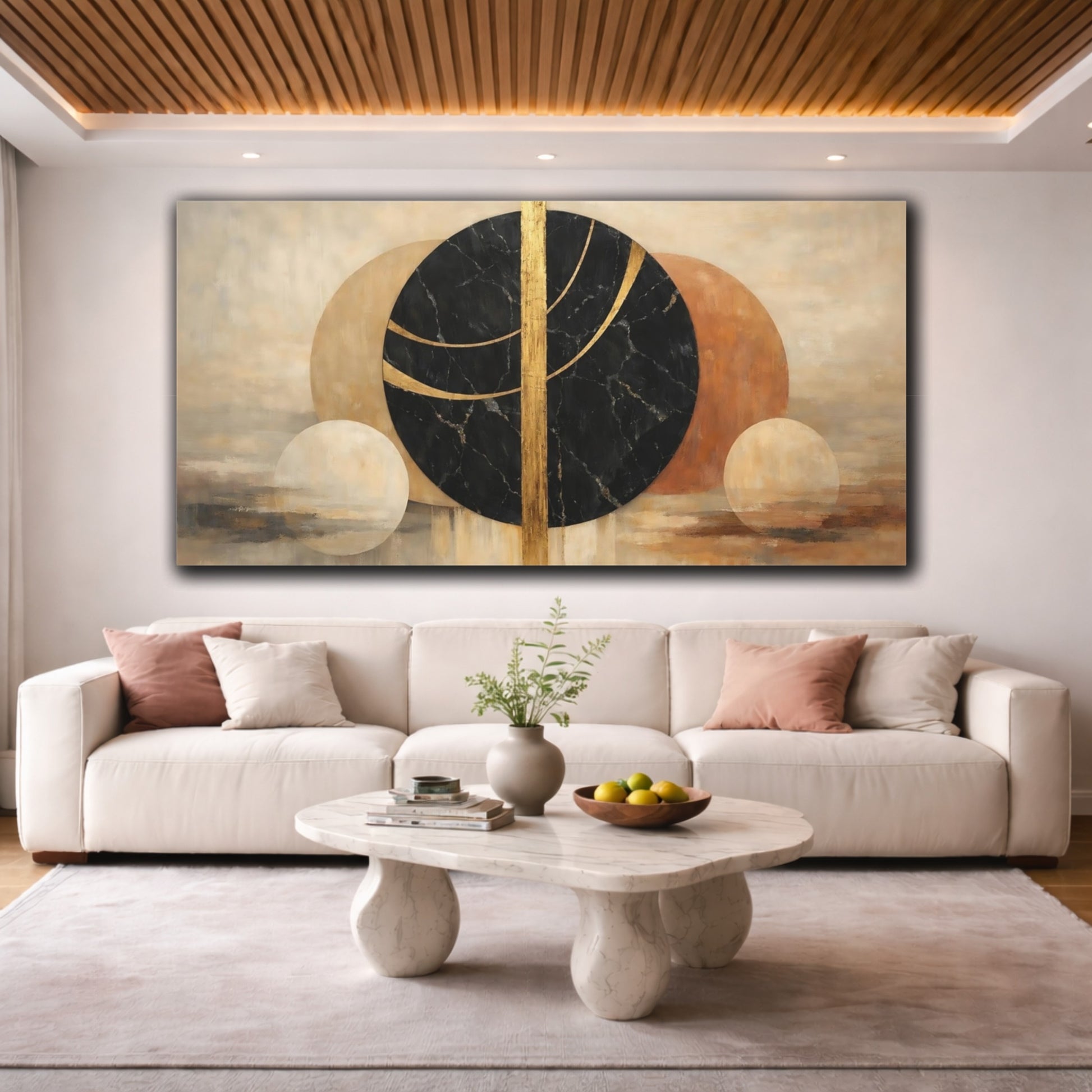 Mockup 3. Abstract Geometric Shapes Black Gold Abstract shown as stretched canvas wall art