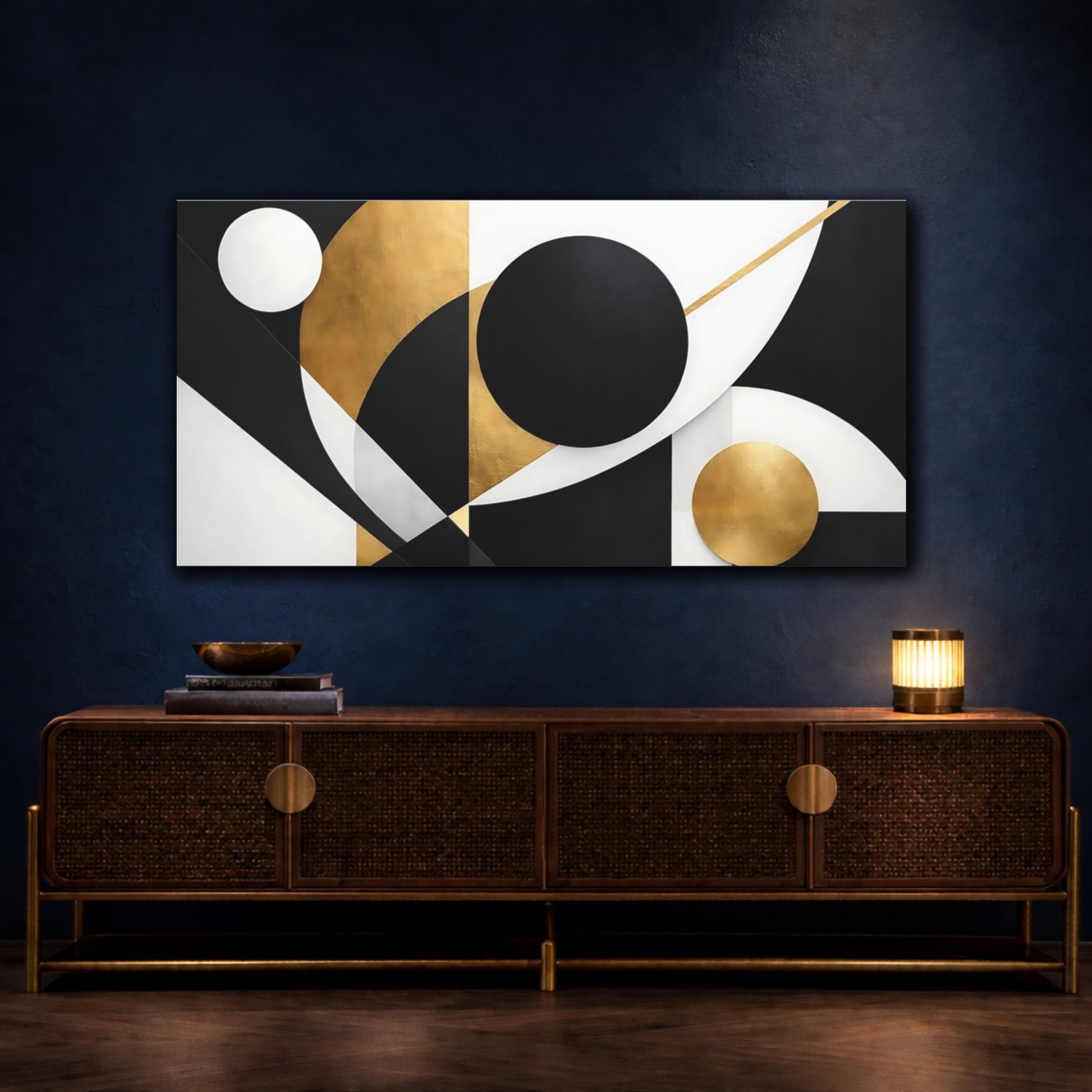 Mockup 4. Abstract Geometric Shapes Black Gold Abstract shown as stretched canvas wall art
