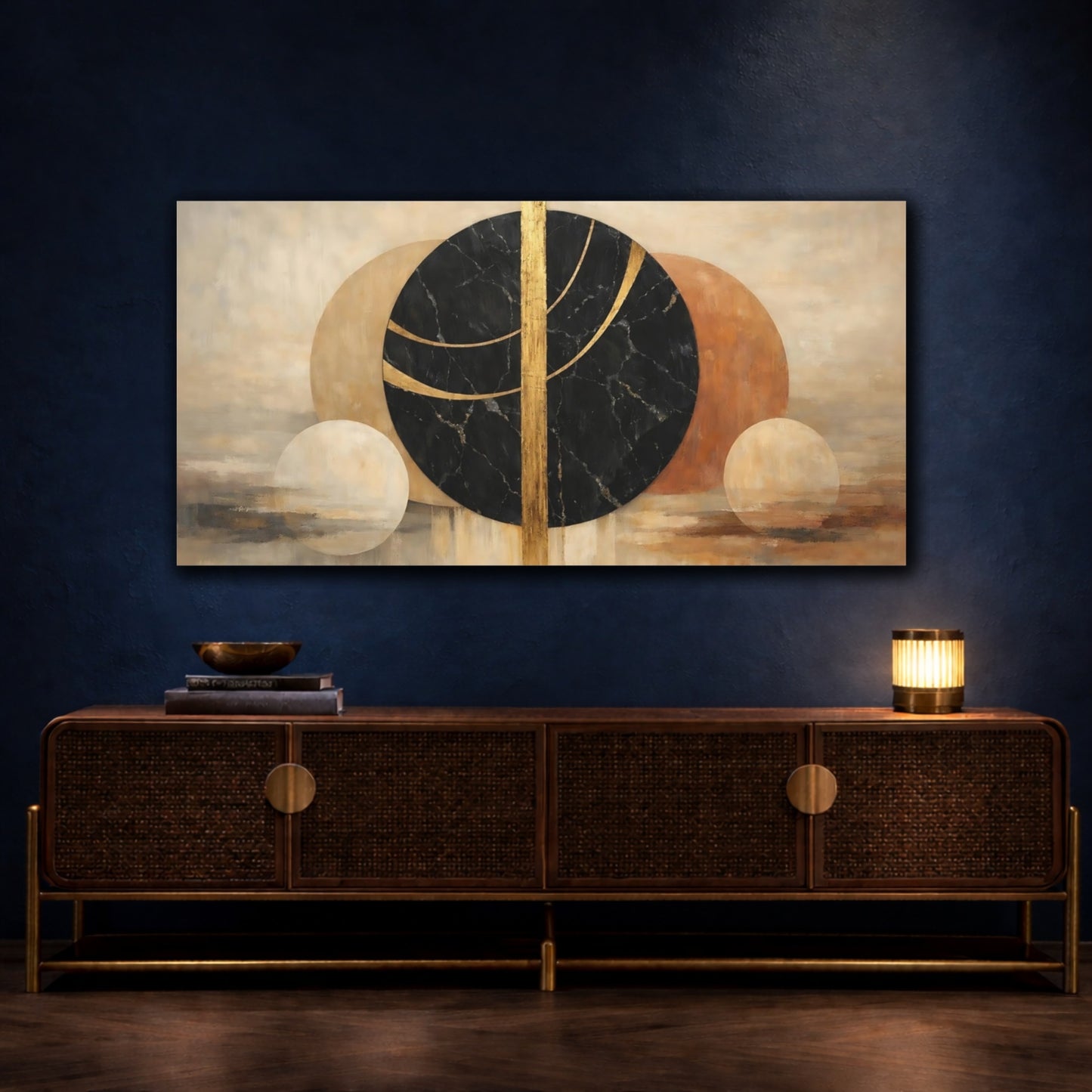 Mockup 4. Abstract Geometric Shapes Black Gold Abstract shown as stretched canvas wall art