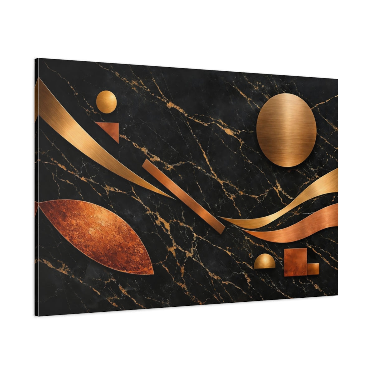 Main Mockup. Abstract Geometric Shapes Black Gold Copper shown as stretched canvas wall art