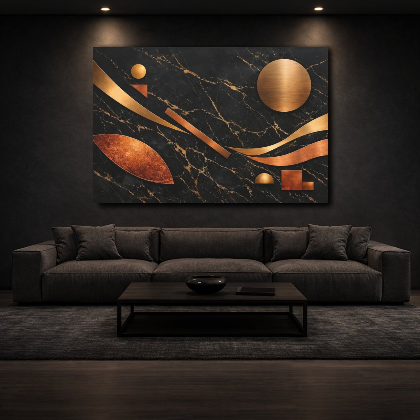 Mockup 2. Abstract Geometric Shapes Black Gold Copper shown as stretched canvas wall art
