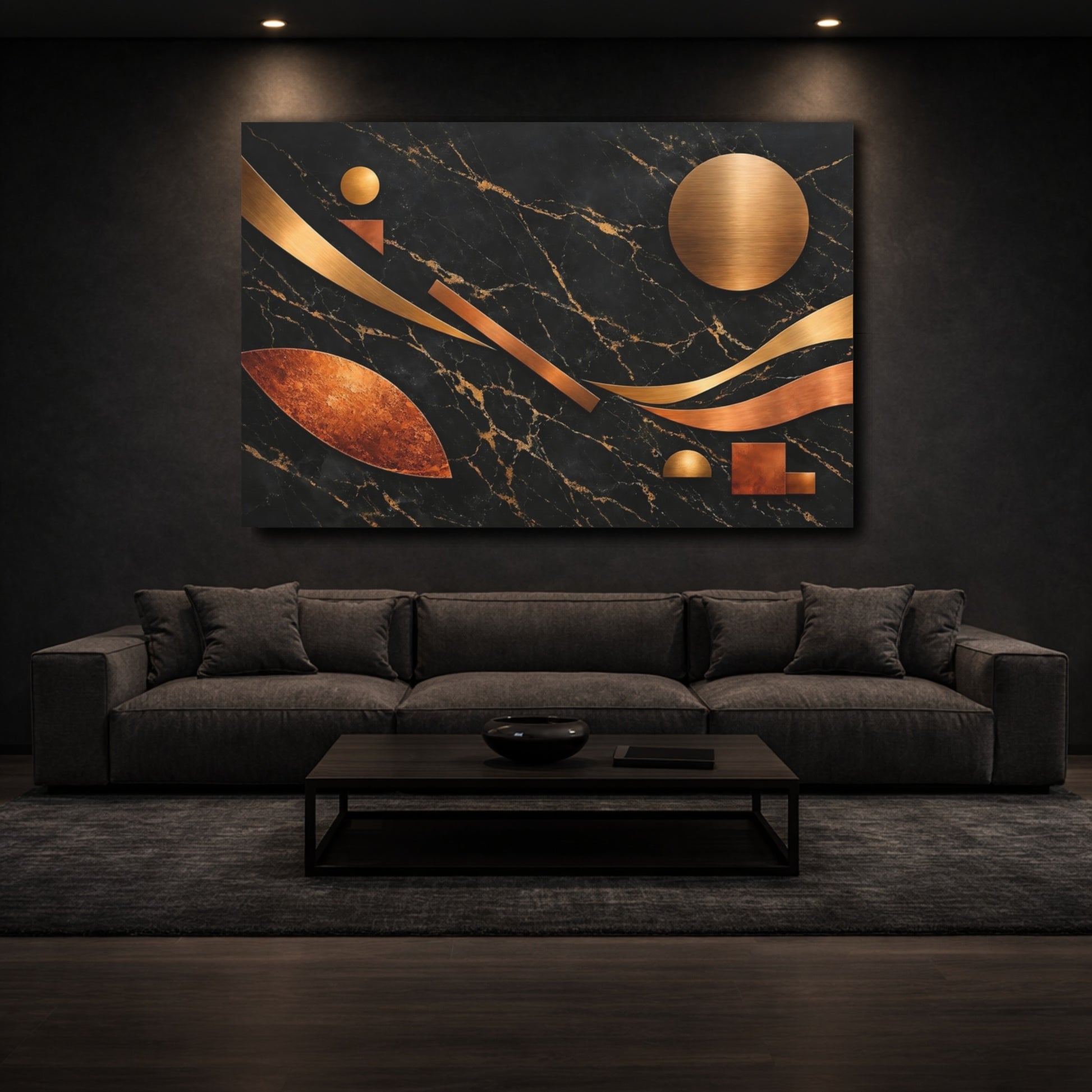 Mockup 2. Abstract Geometric Shapes Black Gold Copper shown as stretched canvas wall art