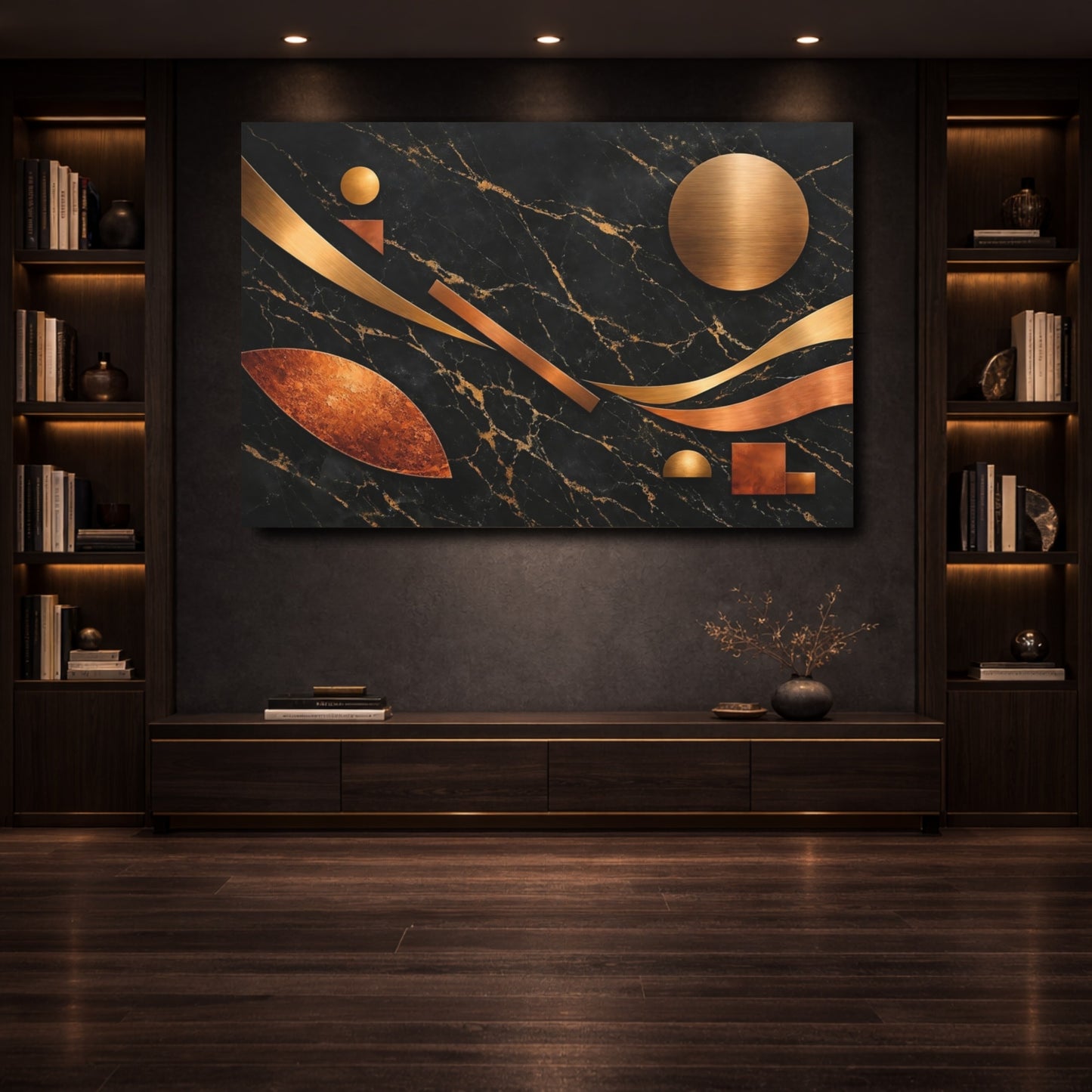 Mockup 3. Abstract Geometric Shapes Black Gold Copper shown as stretched canvas wall art