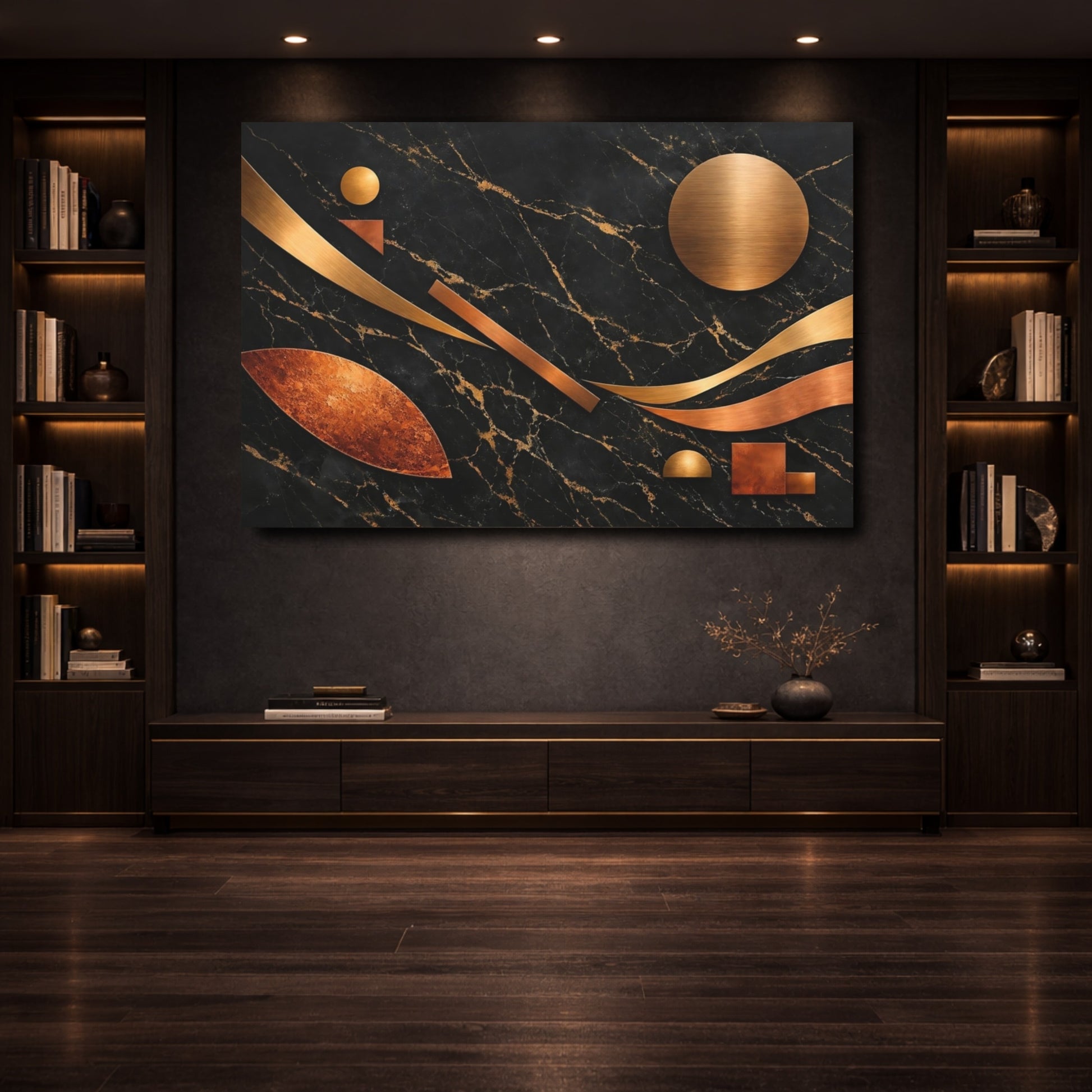 Mockup 3. Abstract Geometric Shapes Black Gold Copper shown as stretched canvas wall art