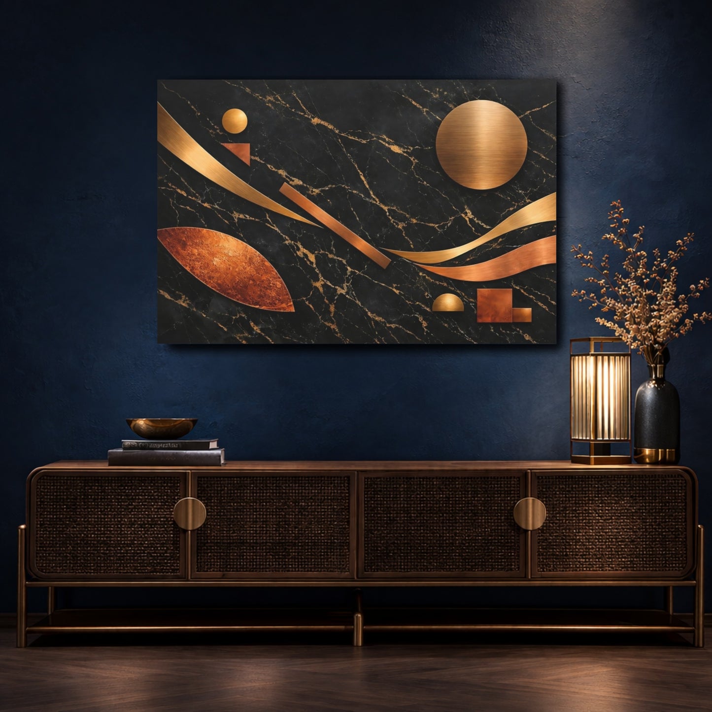 Mockup 4. Abstract Geometric Shapes Black Gold Copper shown as stretched canvas wall art