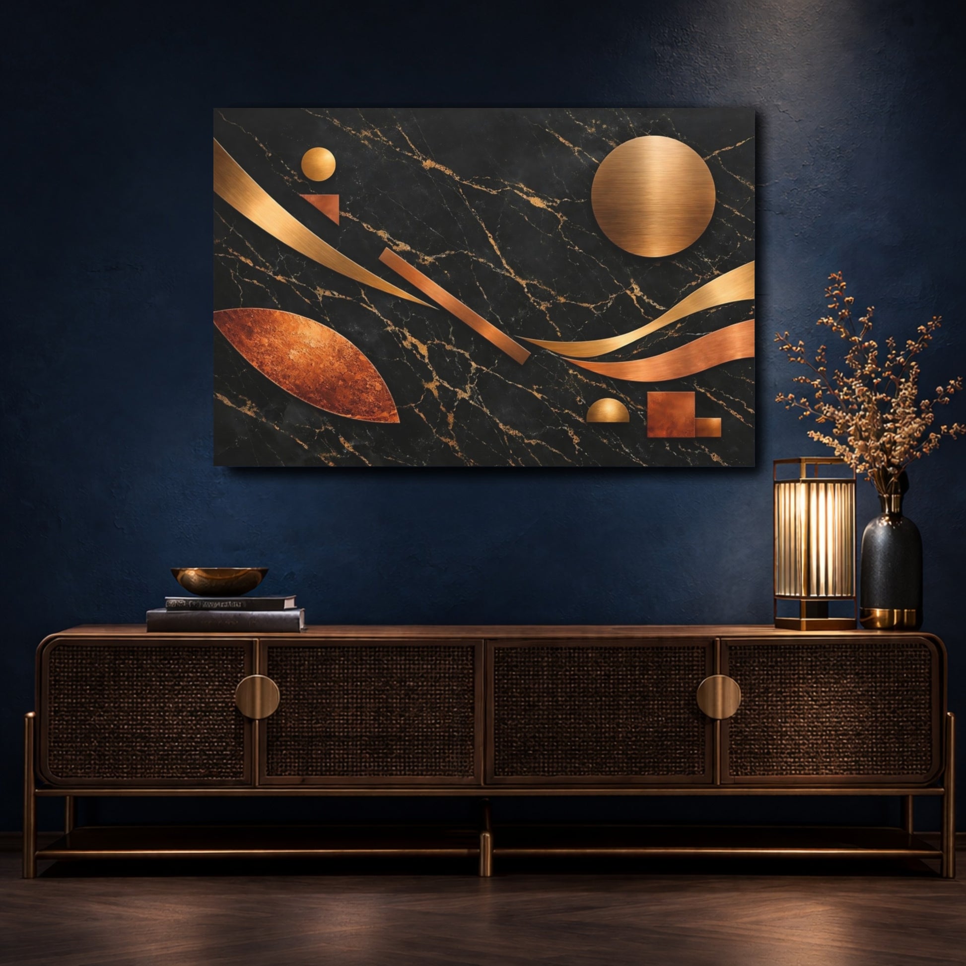 Mockup 4. Abstract Geometric Shapes Black Gold Copper shown as stretched canvas wall art
