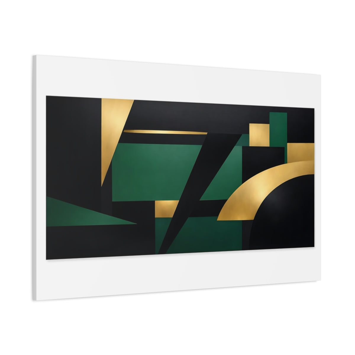 Main Mockup. Abstract Geometric Shapes Black Gold Green shown as stretched canvas wall art