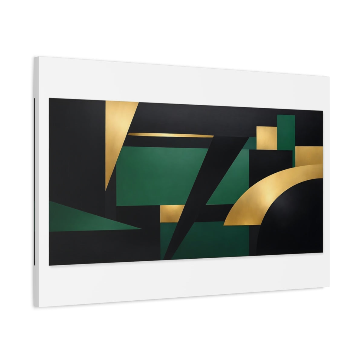 Side Mockup 1. Abstract Geometric Shapes Black Gold Green shown as stretched canvas wall art