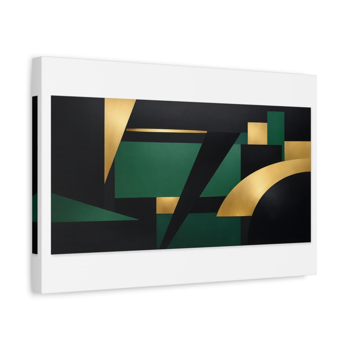Side Mockup 4. Abstract Geometric Shapes Black Gold Green shown as stretched canvas wall art