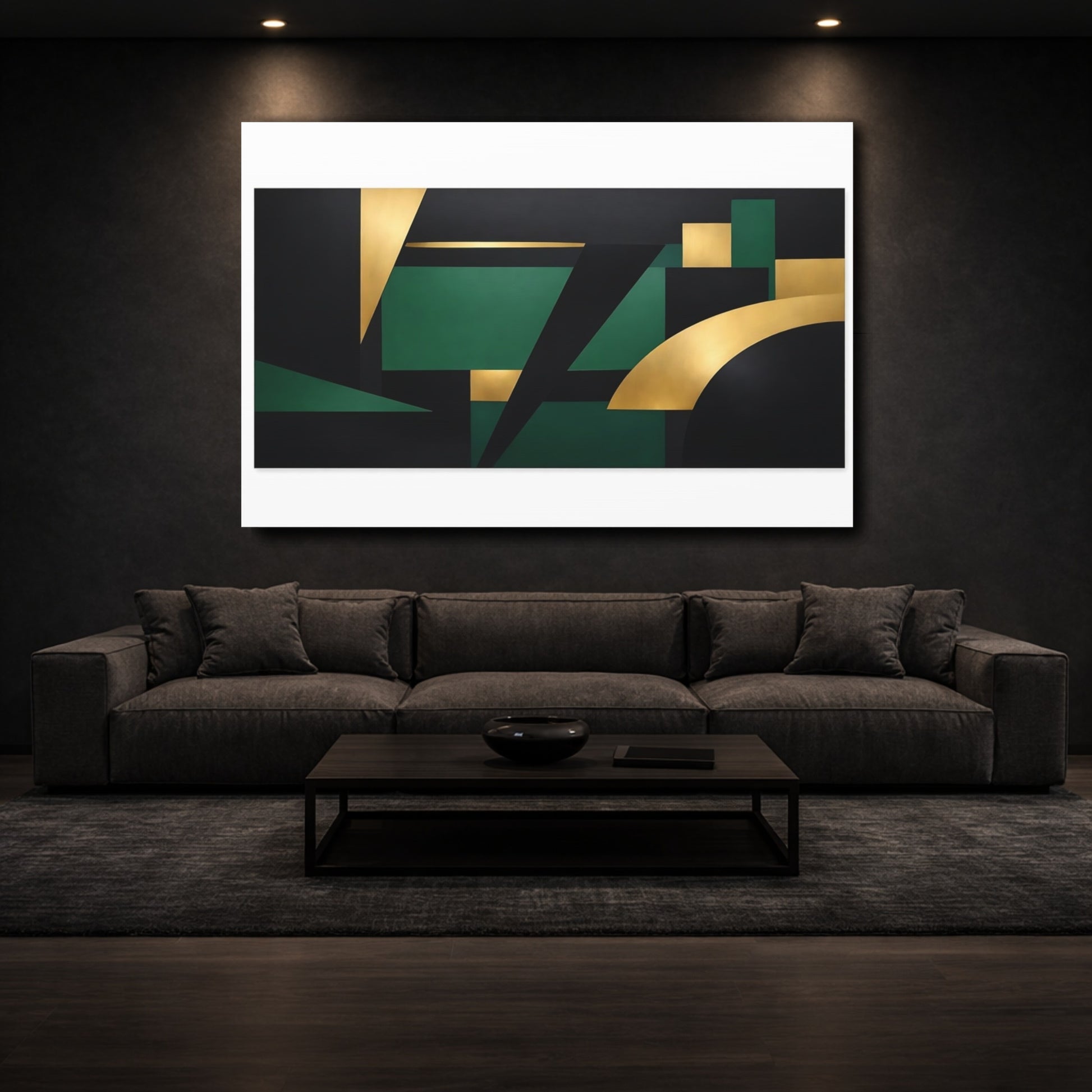 Mockup 2. Abstract Geometric Shapes Black Gold Green shown as stretched canvas wall art