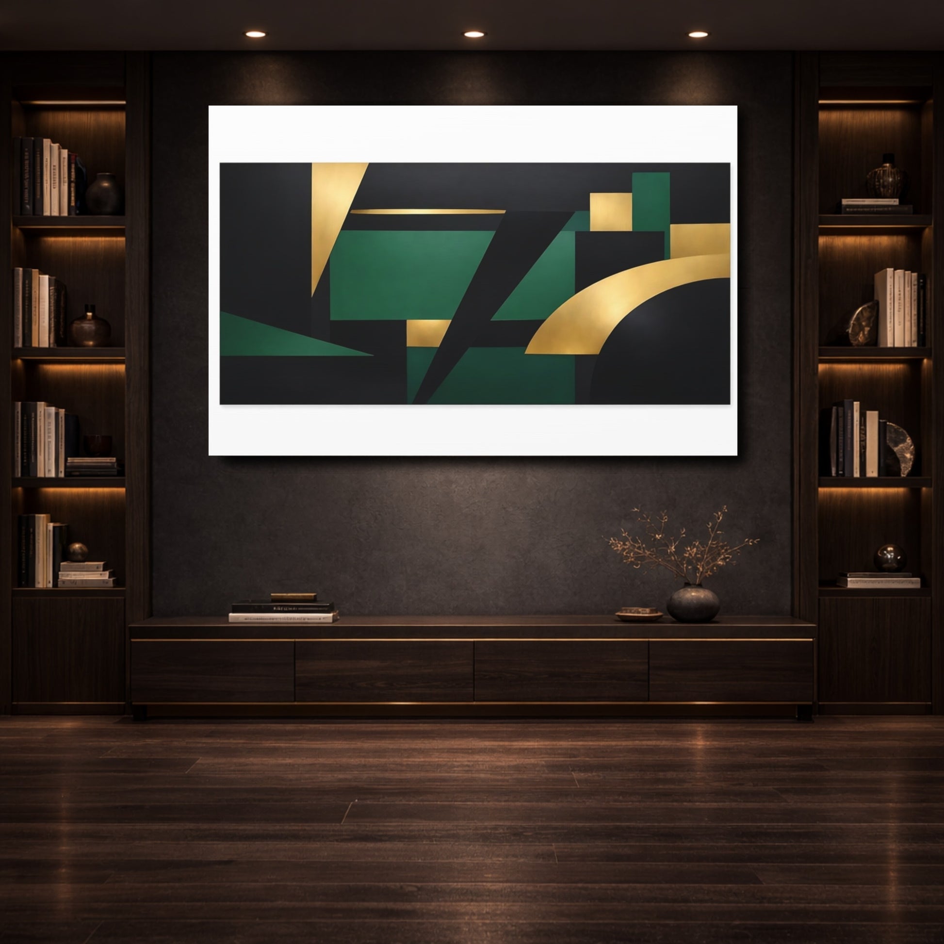 Mockup 3. Abstract Geometric Shapes Black Gold Green shown as stretched canvas wall art