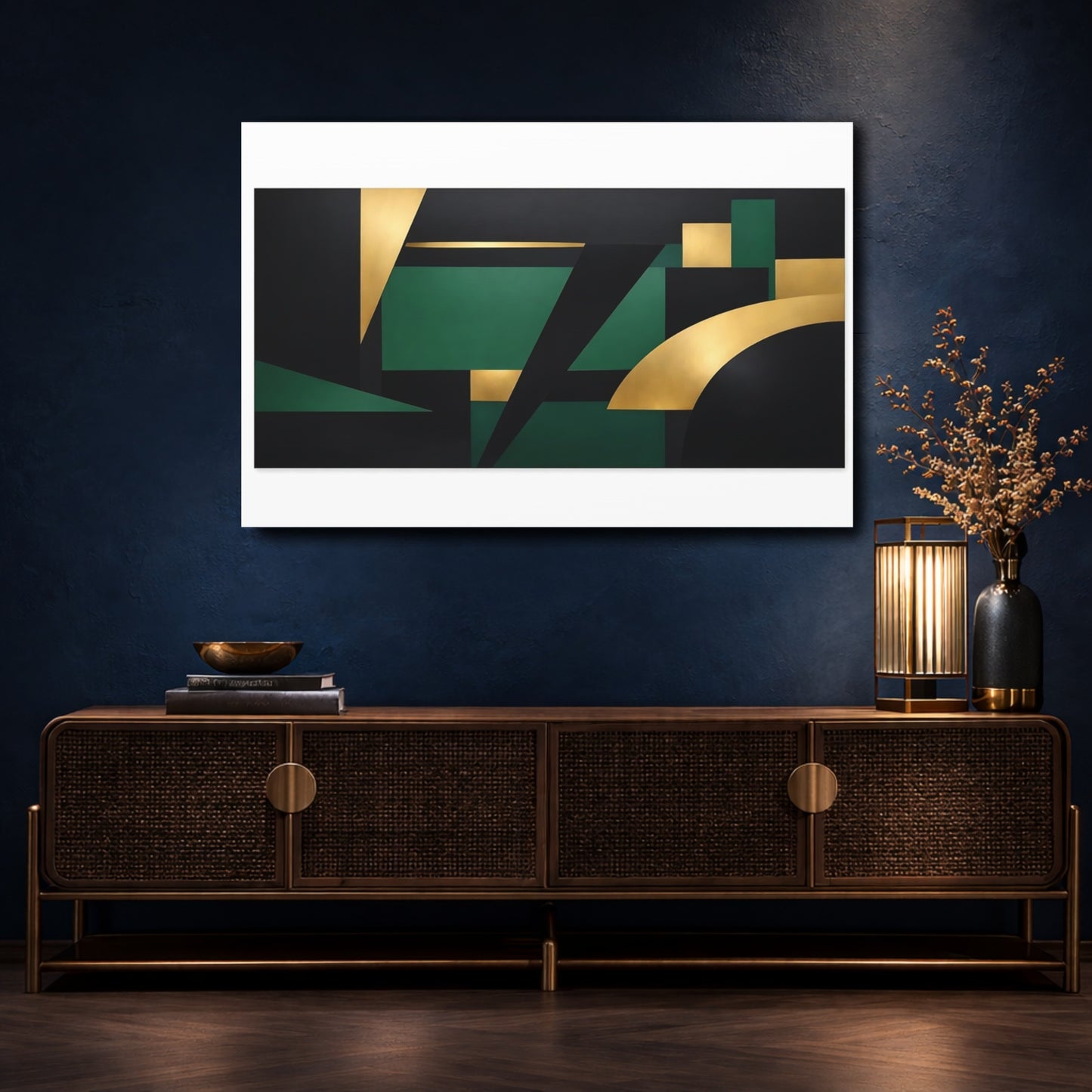 Mockup 4. Abstract Geometric Shapes Black Gold Green shown as stretched canvas wall art