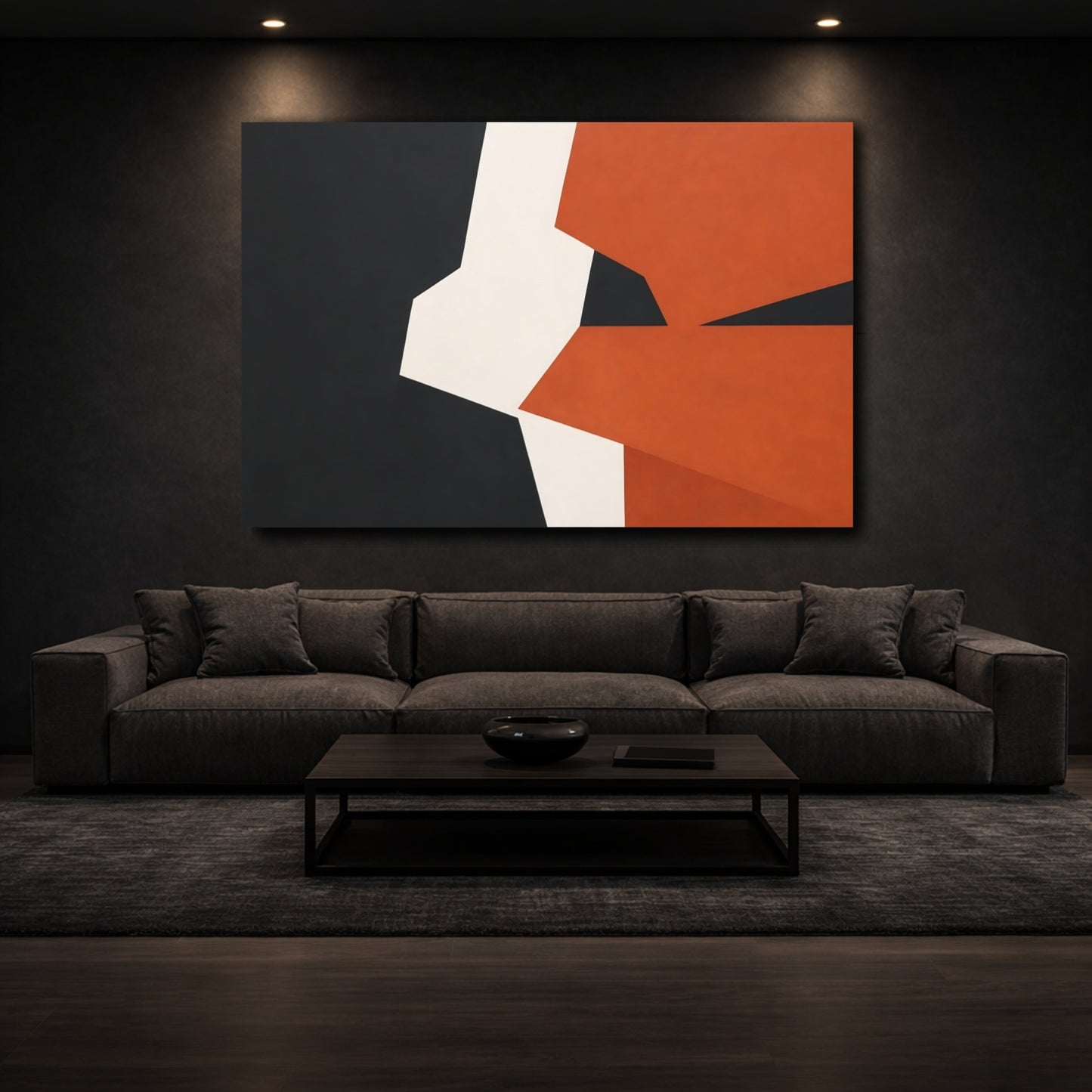 Mockup 2. Abstract Geometric Shapes Black Orange White shown as stretched canvas wall art