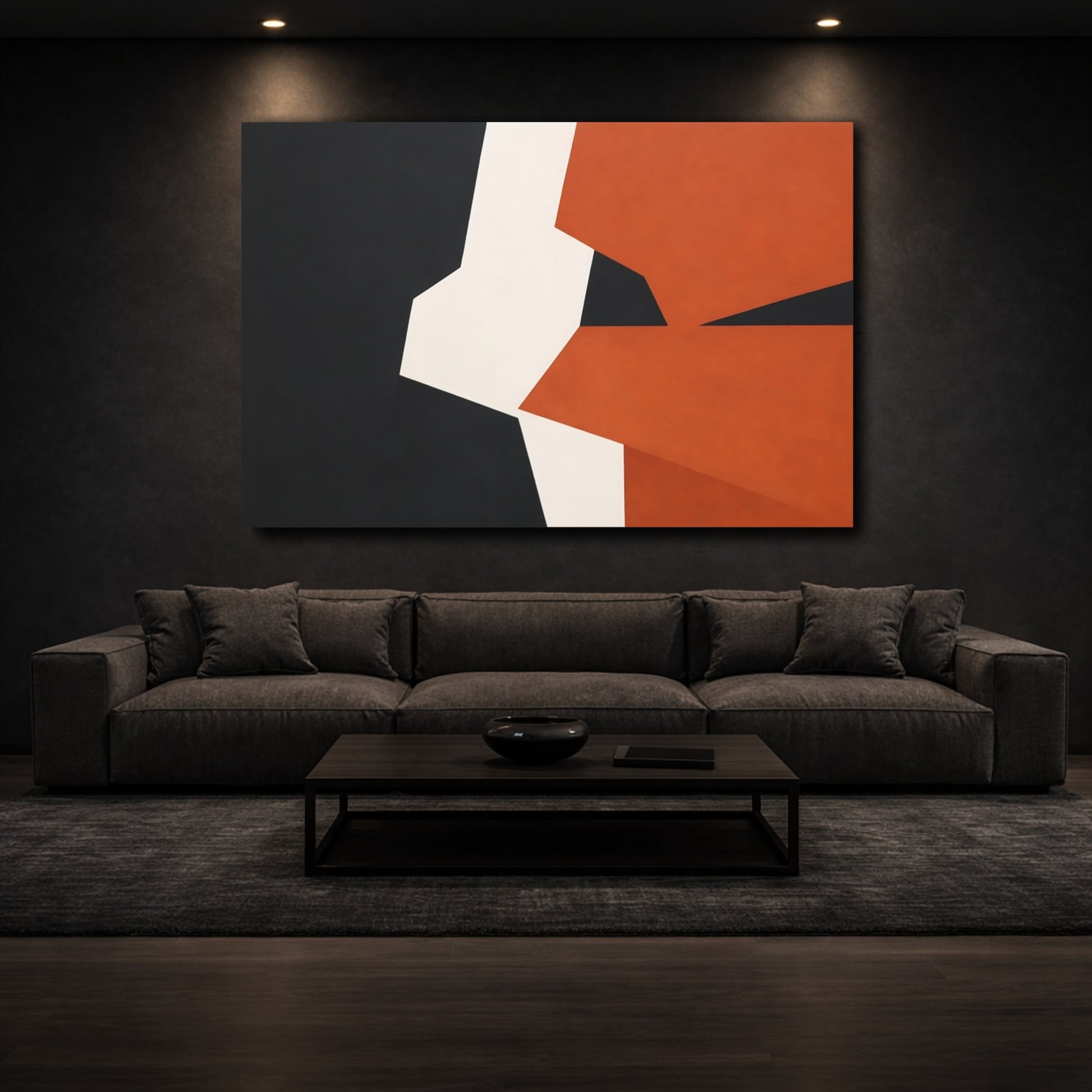 Mockup 2. Abstract Geometric Shapes Black Orange White shown as stretched canvas wall art