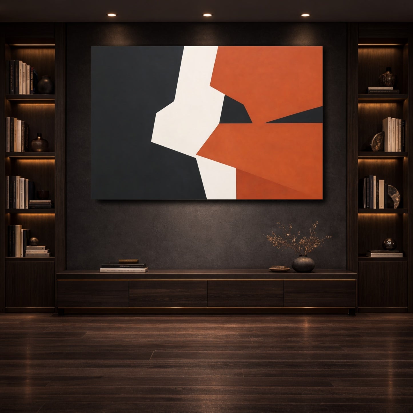 Mockup 3. Abstract Geometric Shapes Black Orange White shown as stretched canvas wall art
