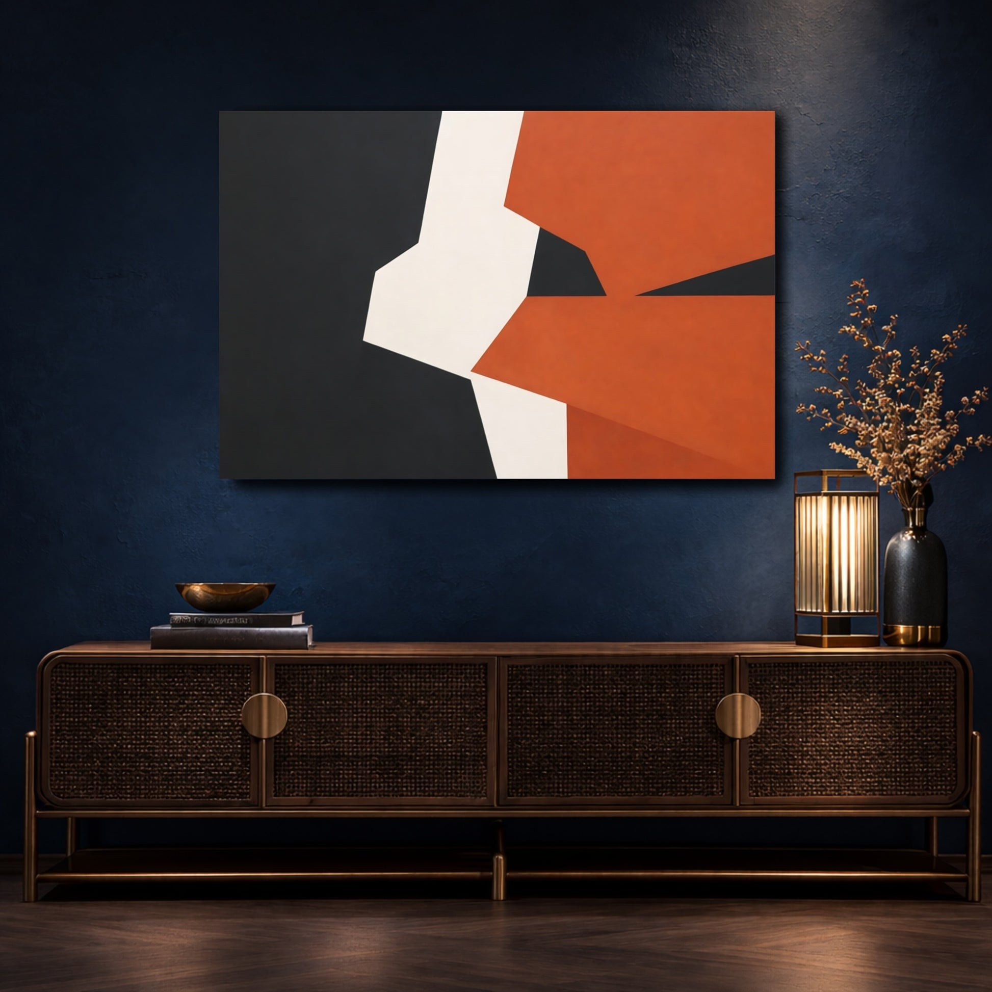 Mockup 4. Abstract Geometric Shapes Black Orange White shown as stretched canvas wall art
