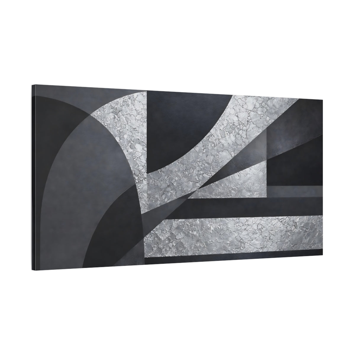 Main Mockup. Abstract Geometric Shapes Black Silver Abstract shown as stretched canvas wall art