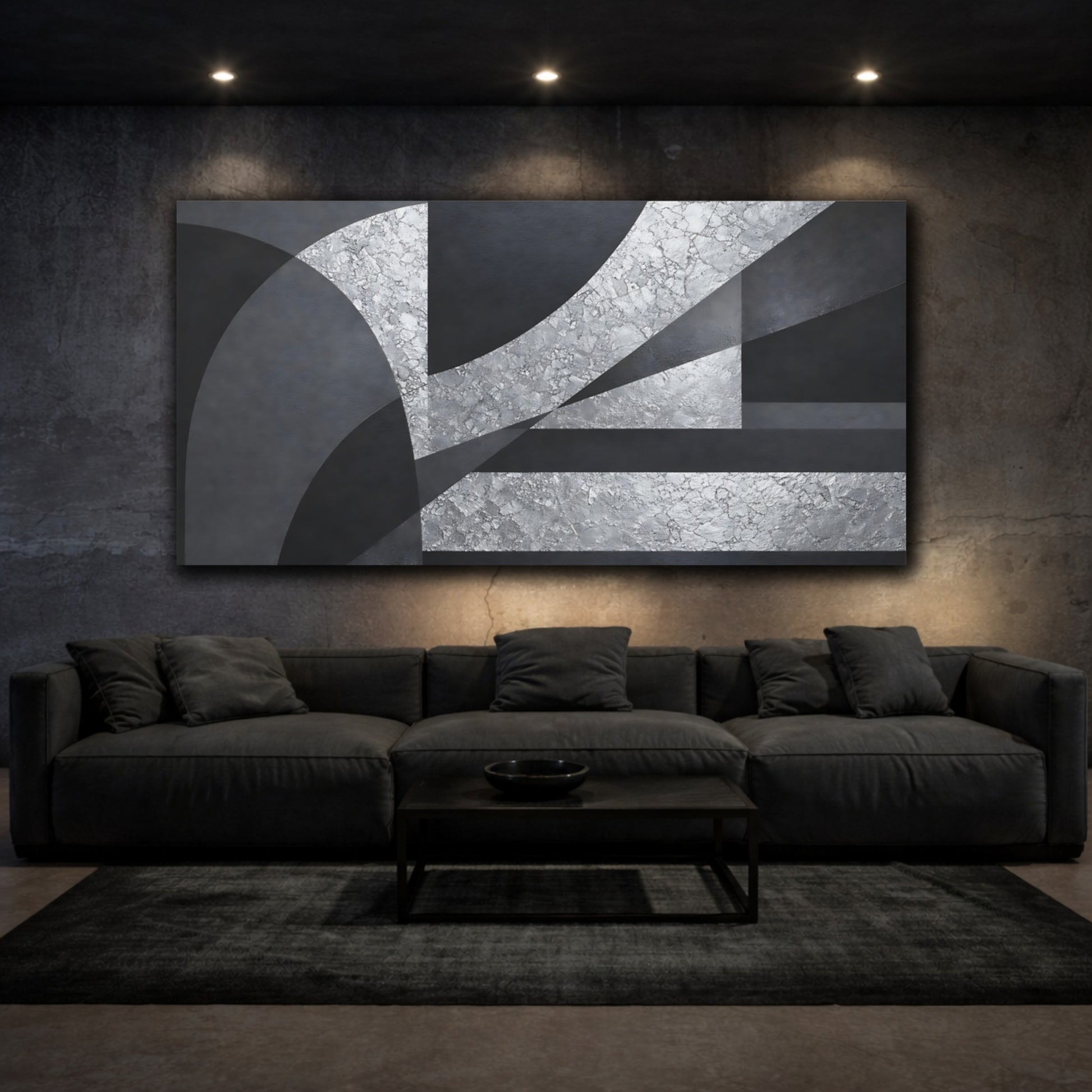 Mockup 2. Abstract Geometric Shapes Black Silver Abstract shown as stretched canvas wall art