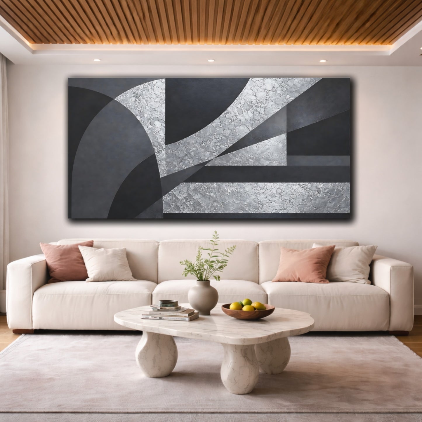 Mockup 3. Abstract Geometric Shapes Black Silver Abstract shown as stretched canvas wall art