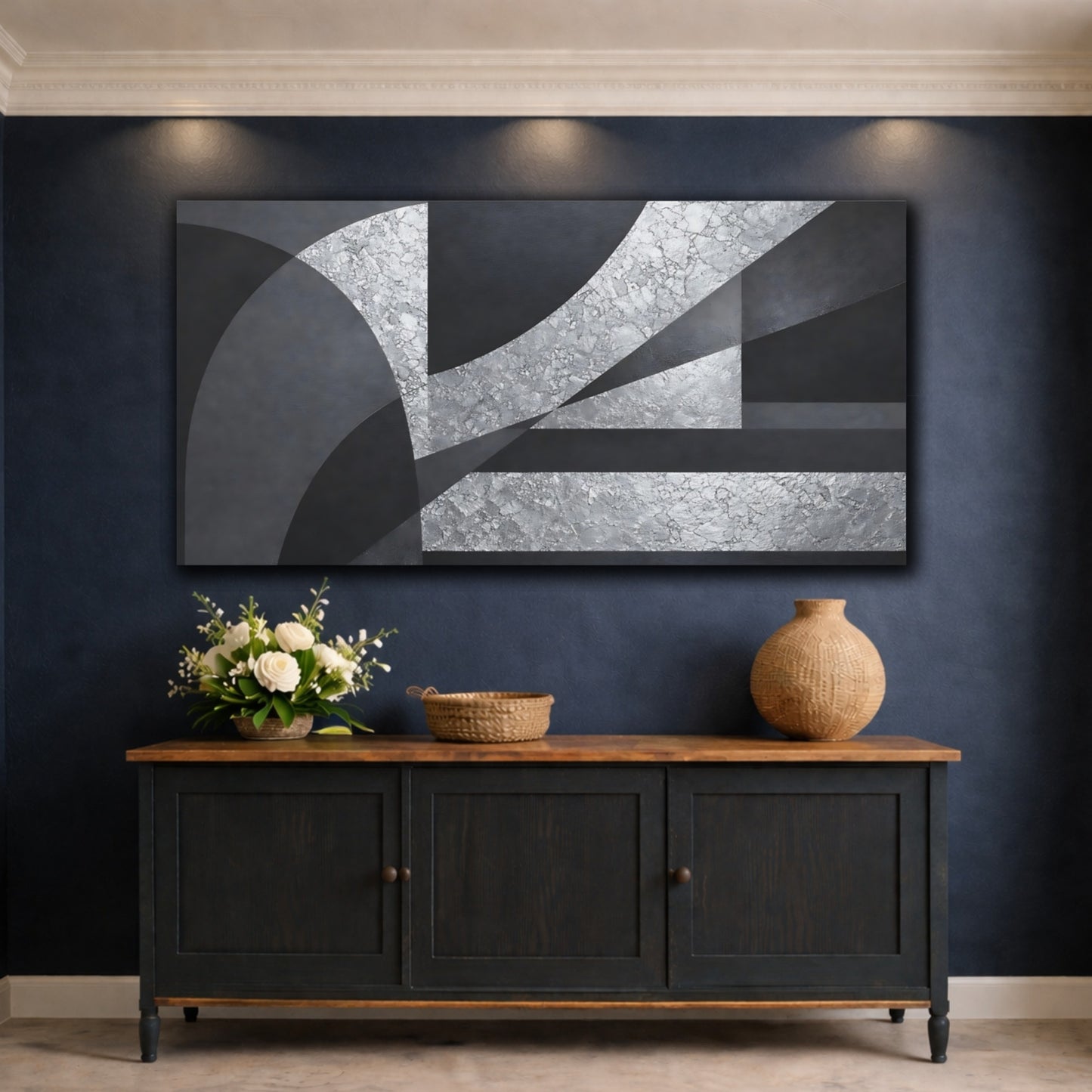 Mockup 4. Abstract Geometric Shapes Black Silver Abstract shown as stretched canvas wall art