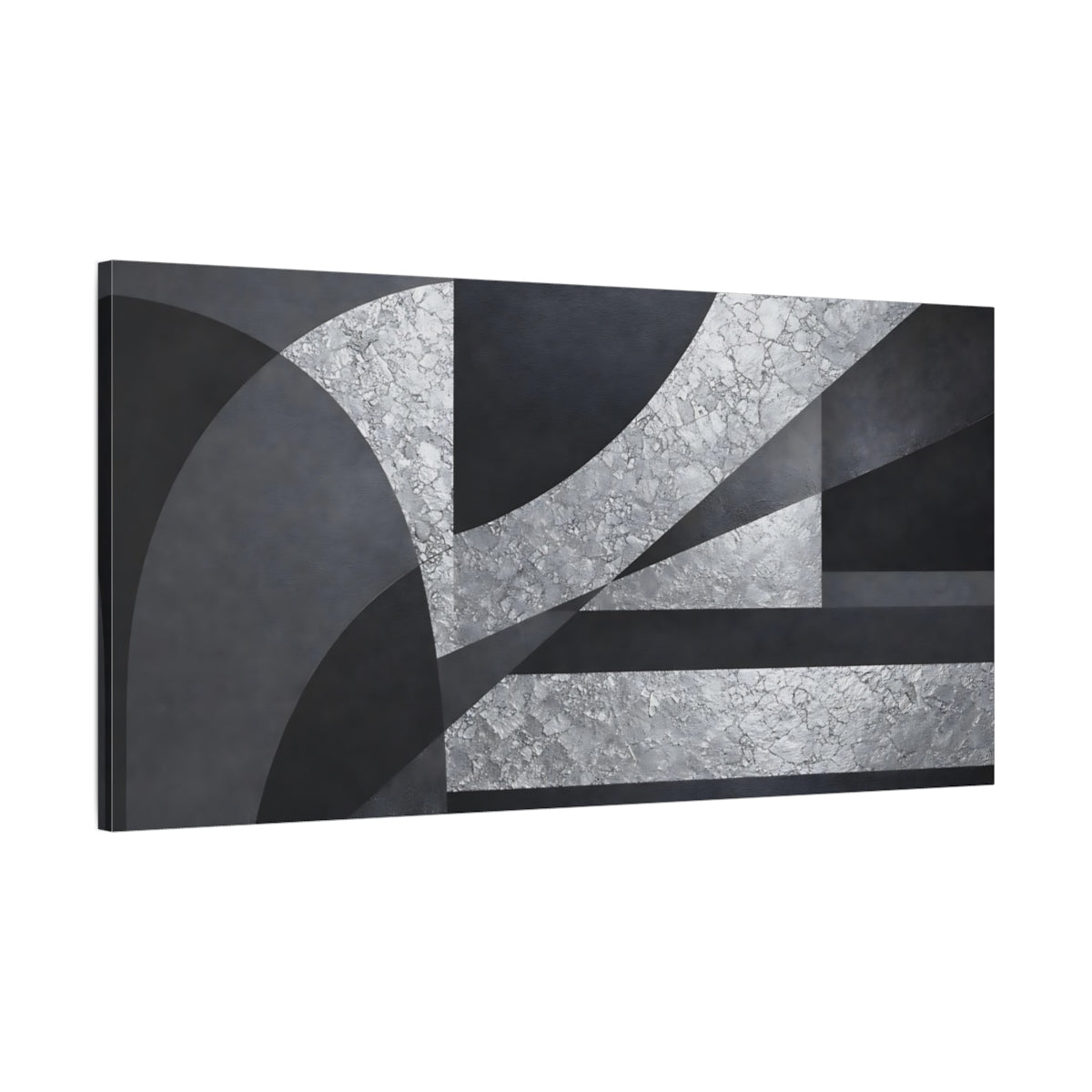 Side Mockup 1. Abstract Geometric Shapes Black Silver Abstract shown as stretched canvas wall art