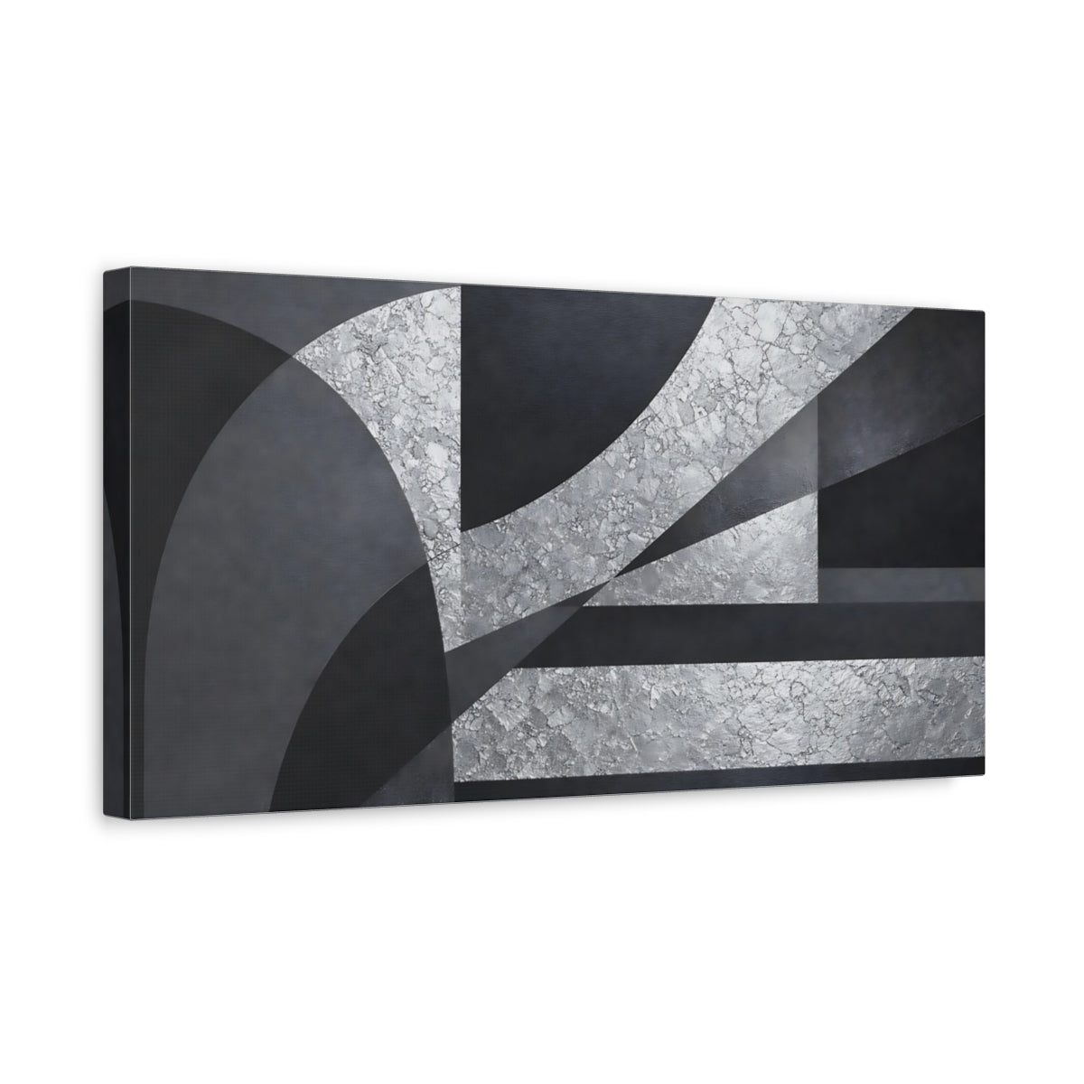 Side Mockup 3. Abstract Geometric Shapes Black Silver Abstract shown as stretched canvas wall art
