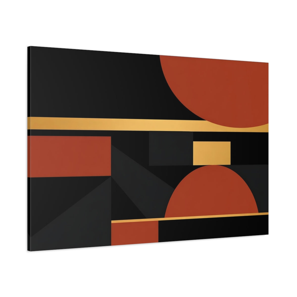 Main Mockup. Abstract Geometric Shapes Black Terracotta Gold shown as stretched canvas wall art