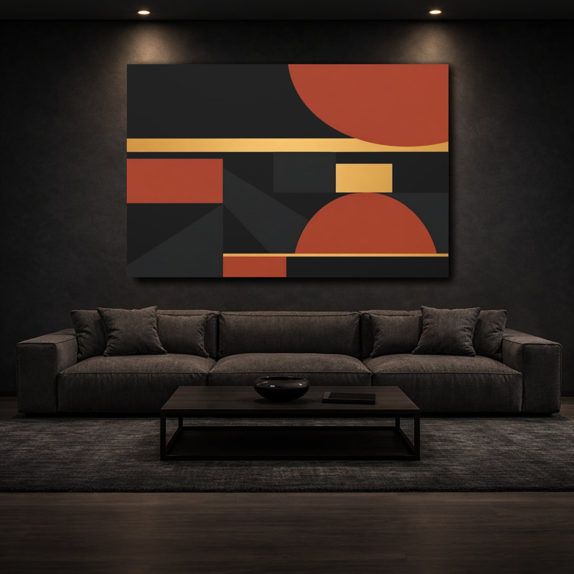Mockup 2. Abstract Geometric Shapes Black Terracotta Gold shown as stretched canvas wall art
