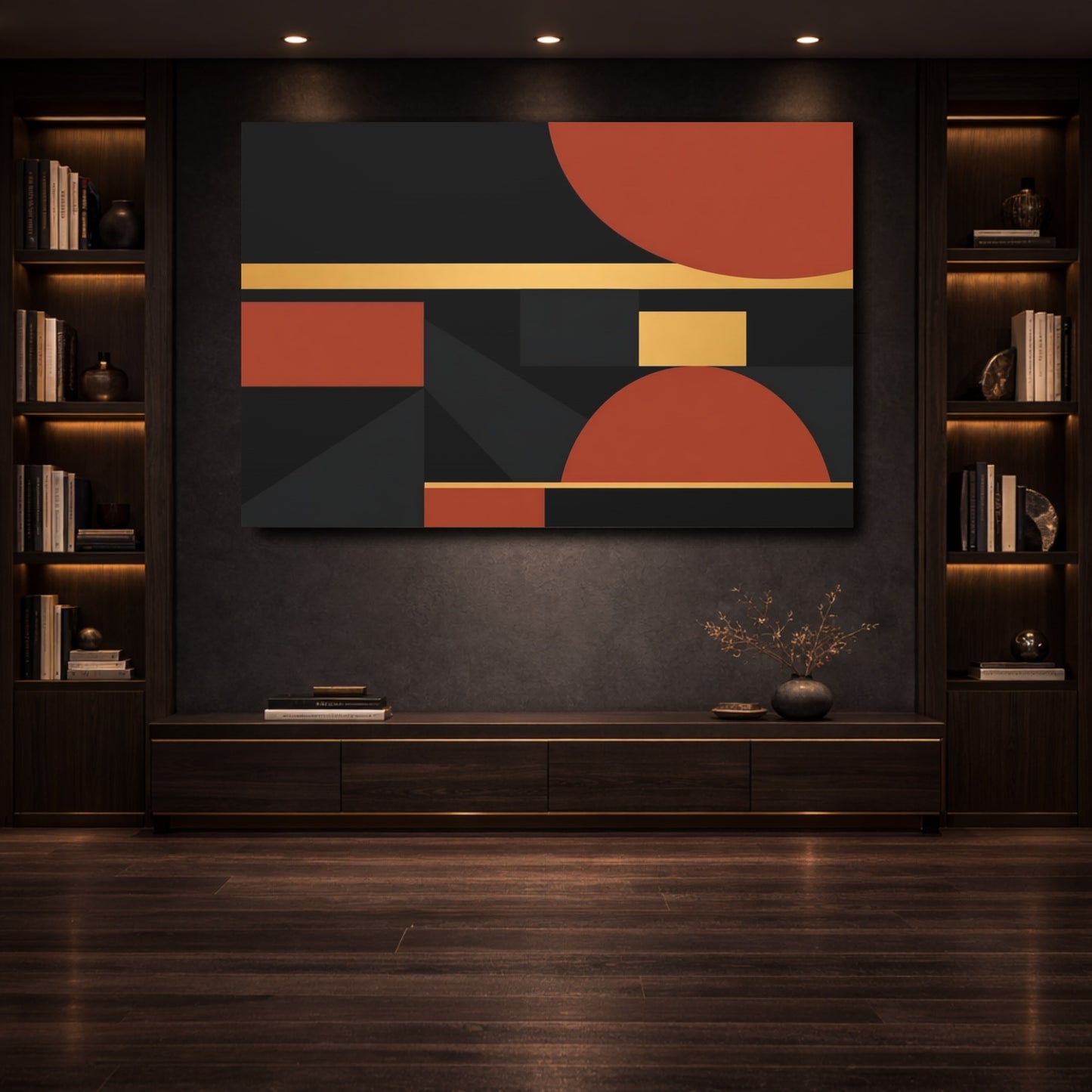 Mockup 3. Abstract Geometric Shapes Black Terracotta Gold shown as stretched canvas wall art