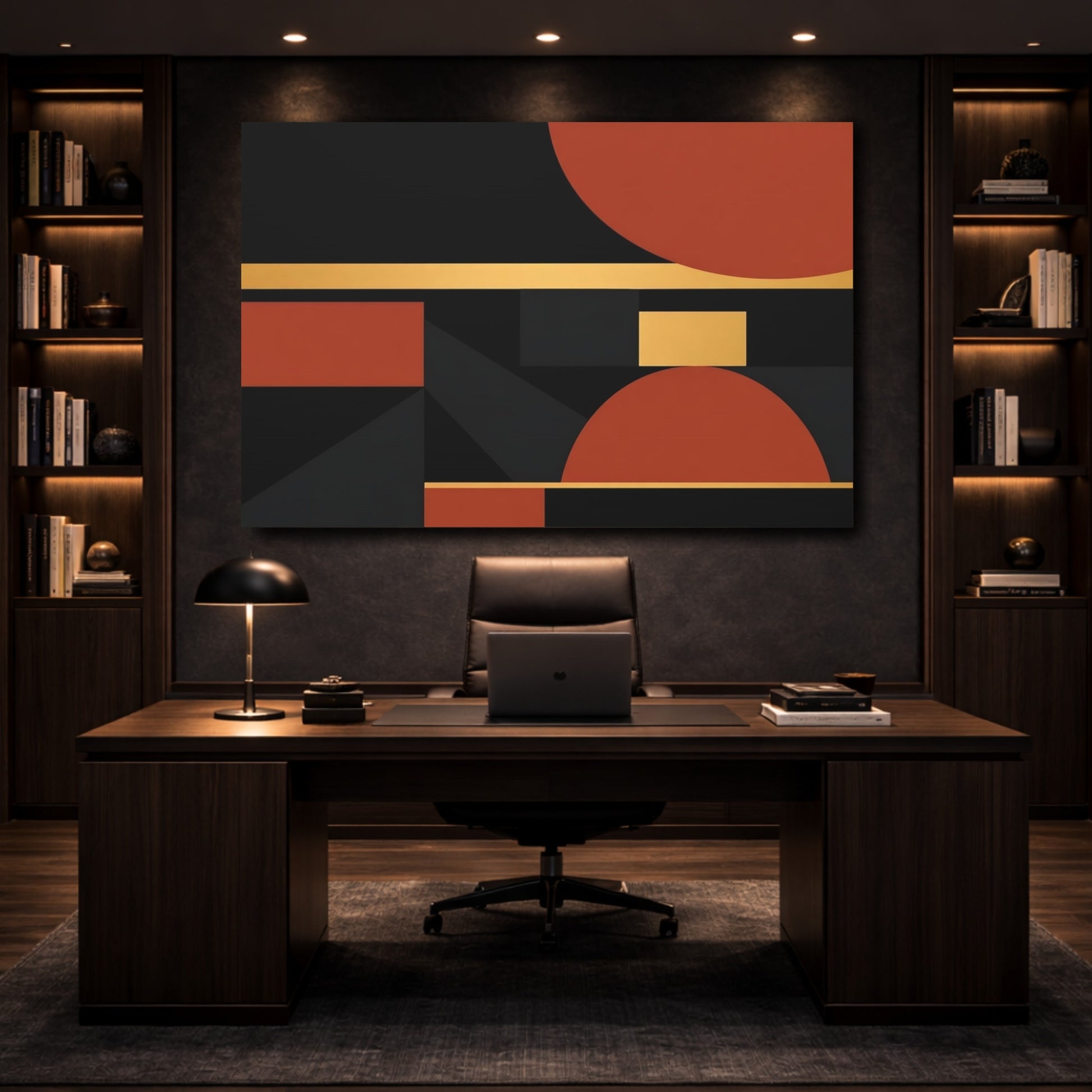 Mockup 4. Abstract Geometric Shapes Black Terracotta Gold shown as stretched canvas wall art