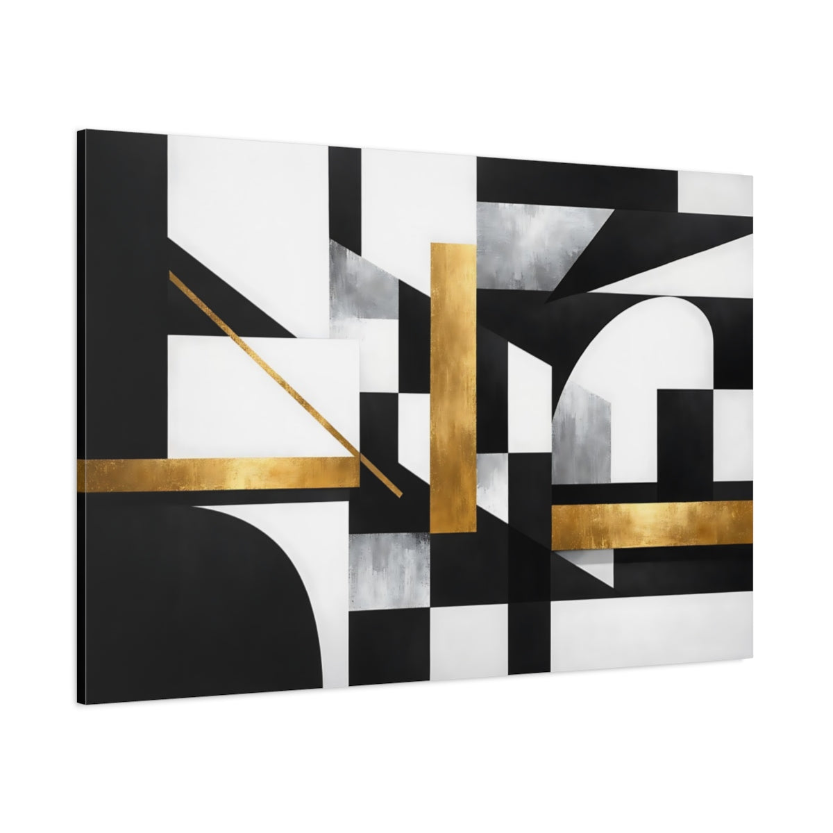 Main Mockup. Abstract Geometric Shapes Black White Gold shown as stretched canvas wall art