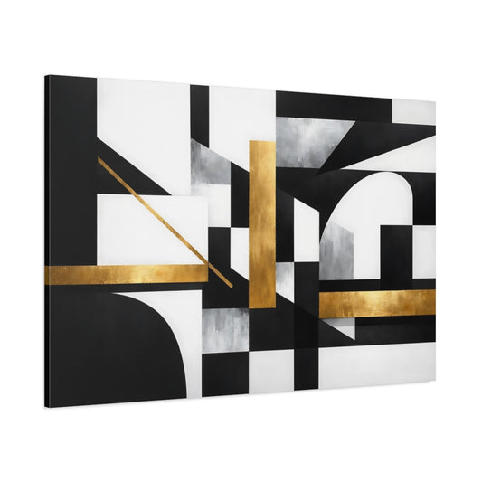Main Mockup. Abstract Geometric Shapes Black White Gold shown as stretched canvas wall art