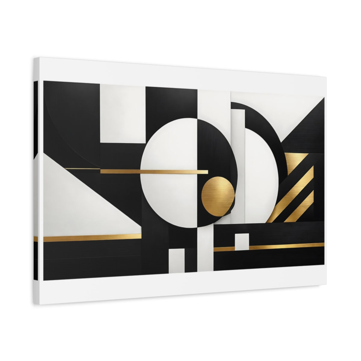 Side Mockup 2. Abstract Geometric Shapes Black White Gold shown as stretched canvas wall art