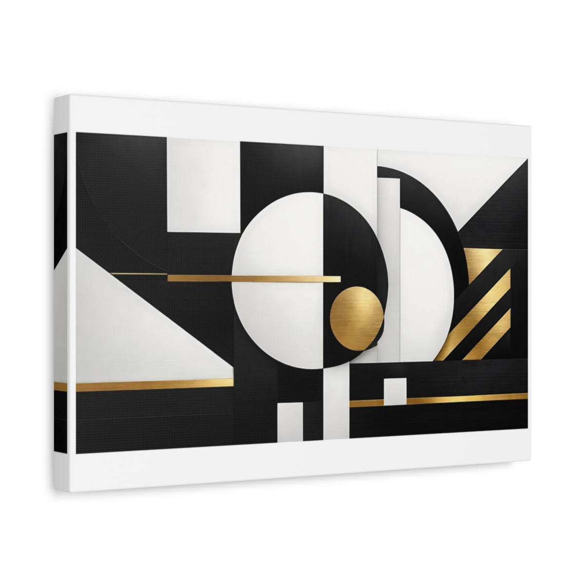 Side Mockup 4. Abstract Geometric Shapes Black White Gold shown as stretched canvas wall art
