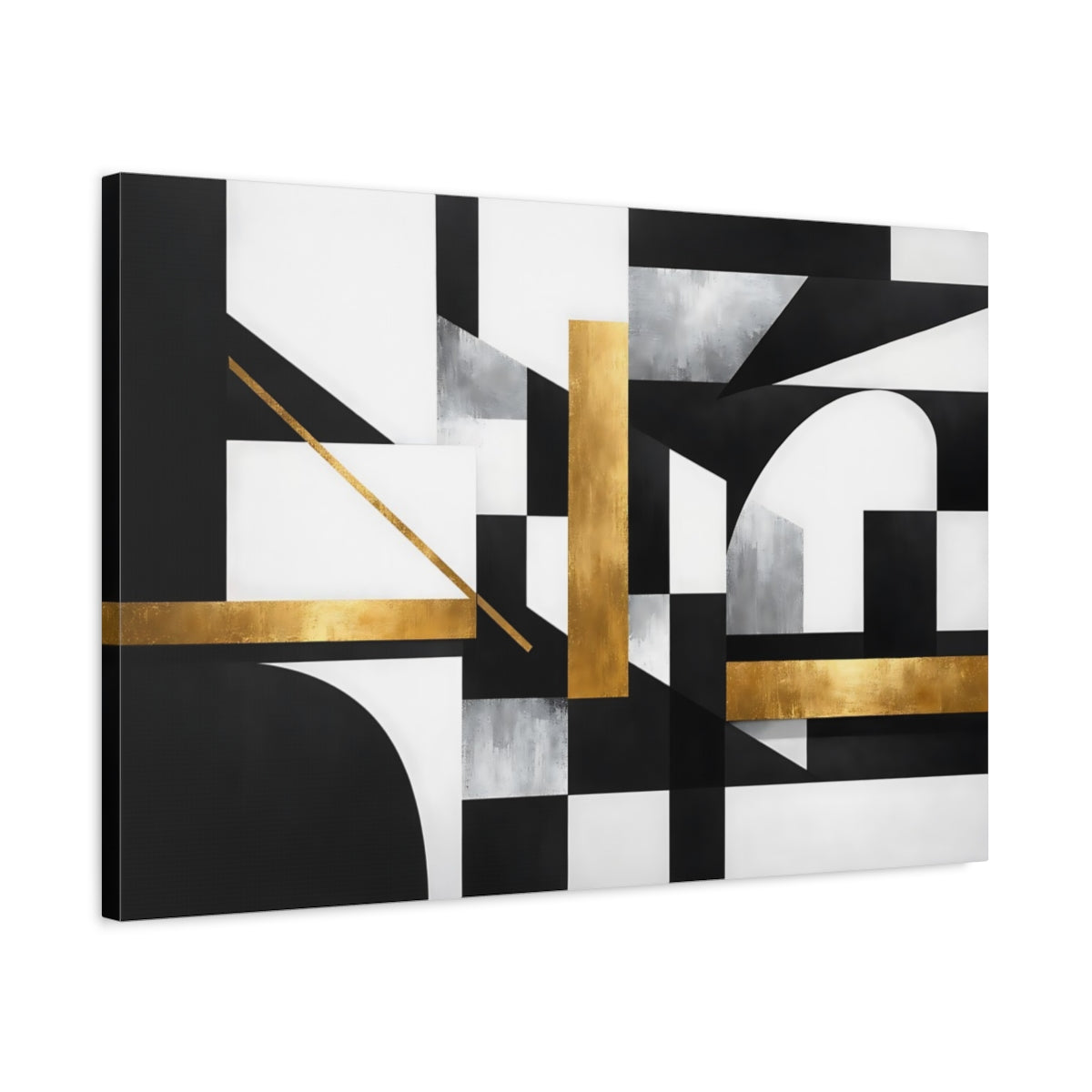 Side Mockup 2. Abstract Geometric Shapes Black White Gold shown as stretched canvas wall art
