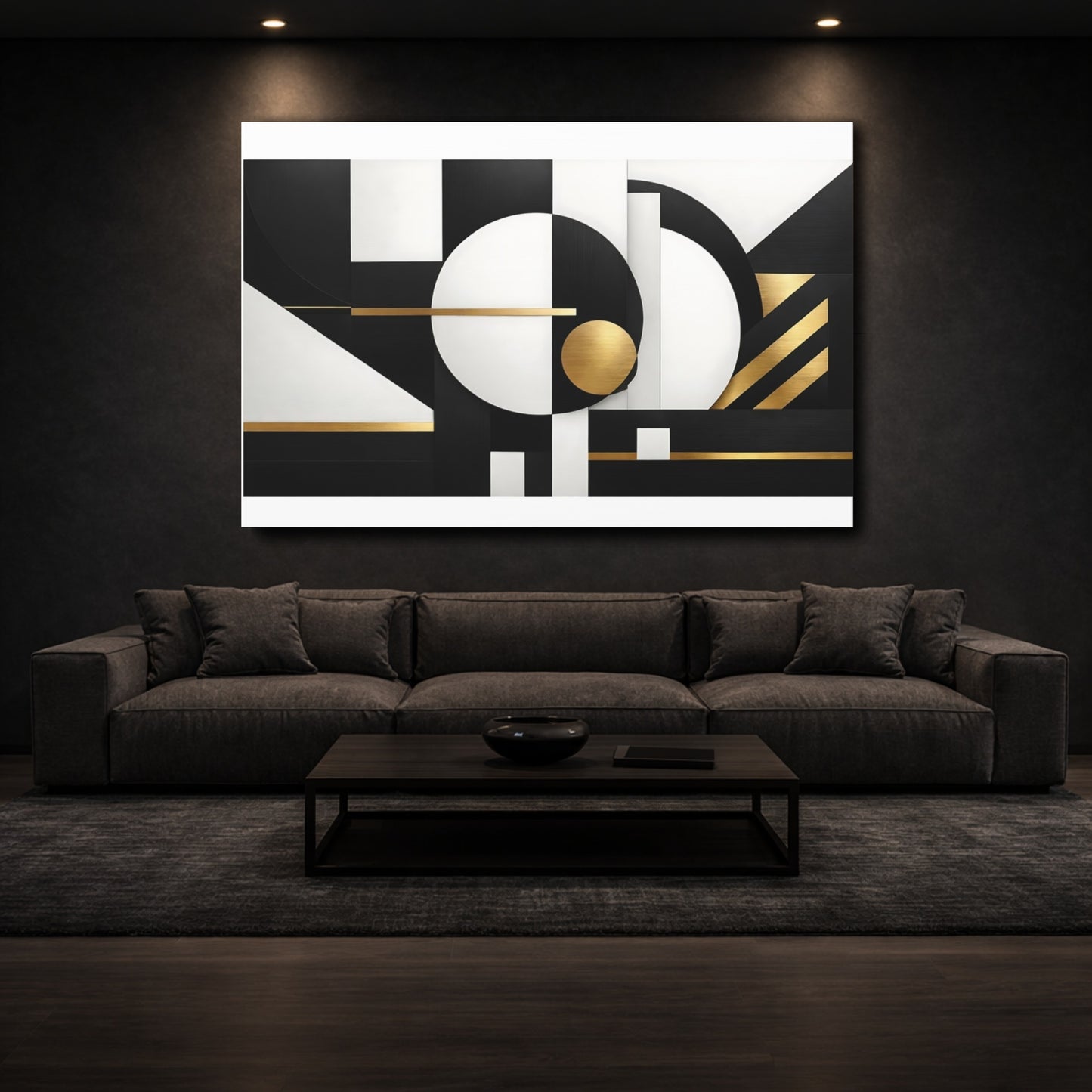 Mockup 2. Abstract Geometric Shapes Black White Gold shown as stretched canvas wall art