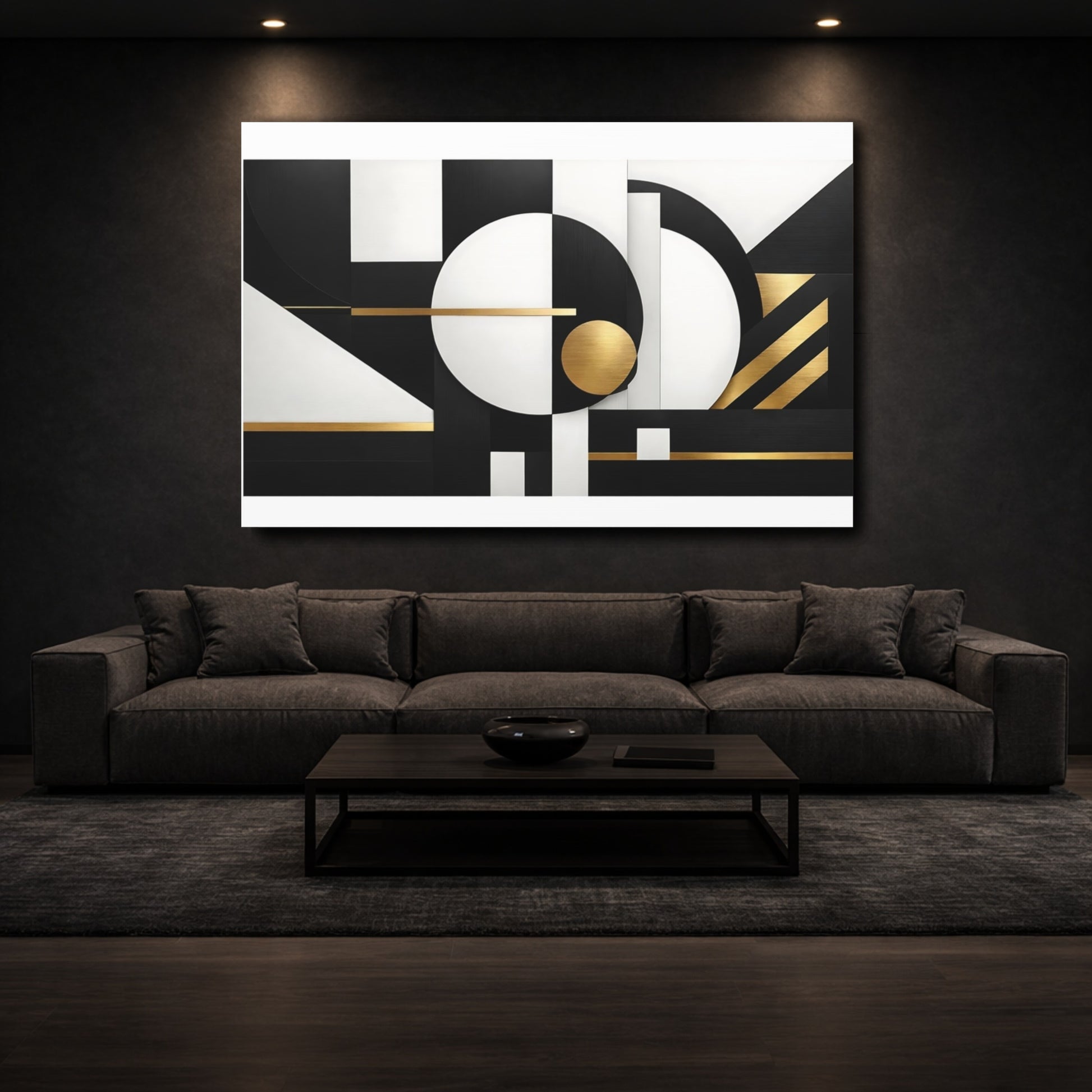 Mockup 2. Abstract Geometric Shapes Black White Gold shown as stretched canvas wall art